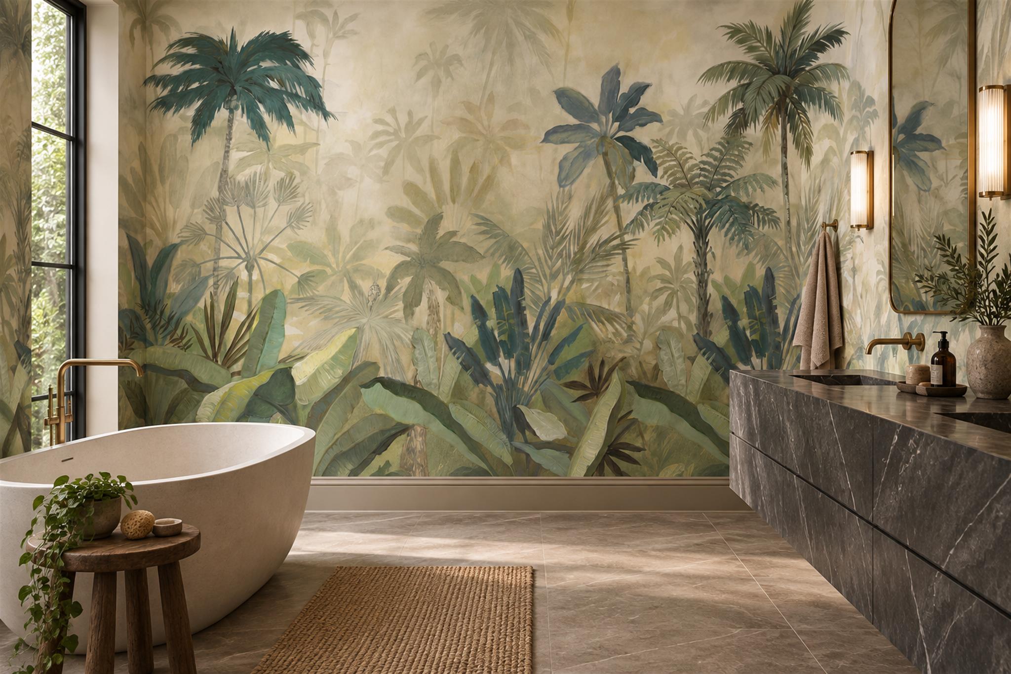 Sage Palm Artful Textured Wallpaper Mural Bathroom-wallpaper-murals, Peel-and-stick Finish