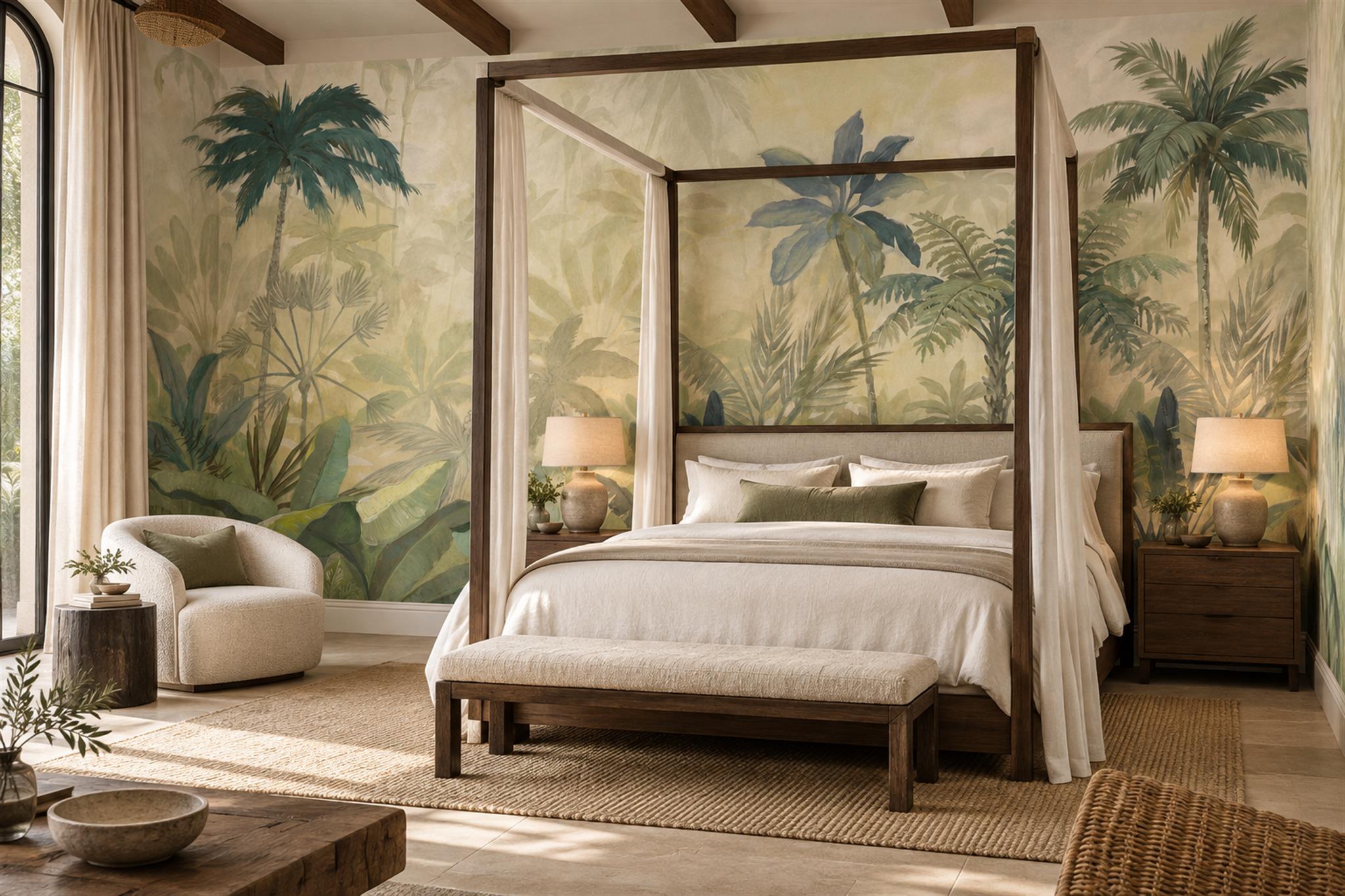 Sage Palm Artful Textured Wallpaper Mural Bedroom-wallpaper-murals, Peel-and-stick Finish