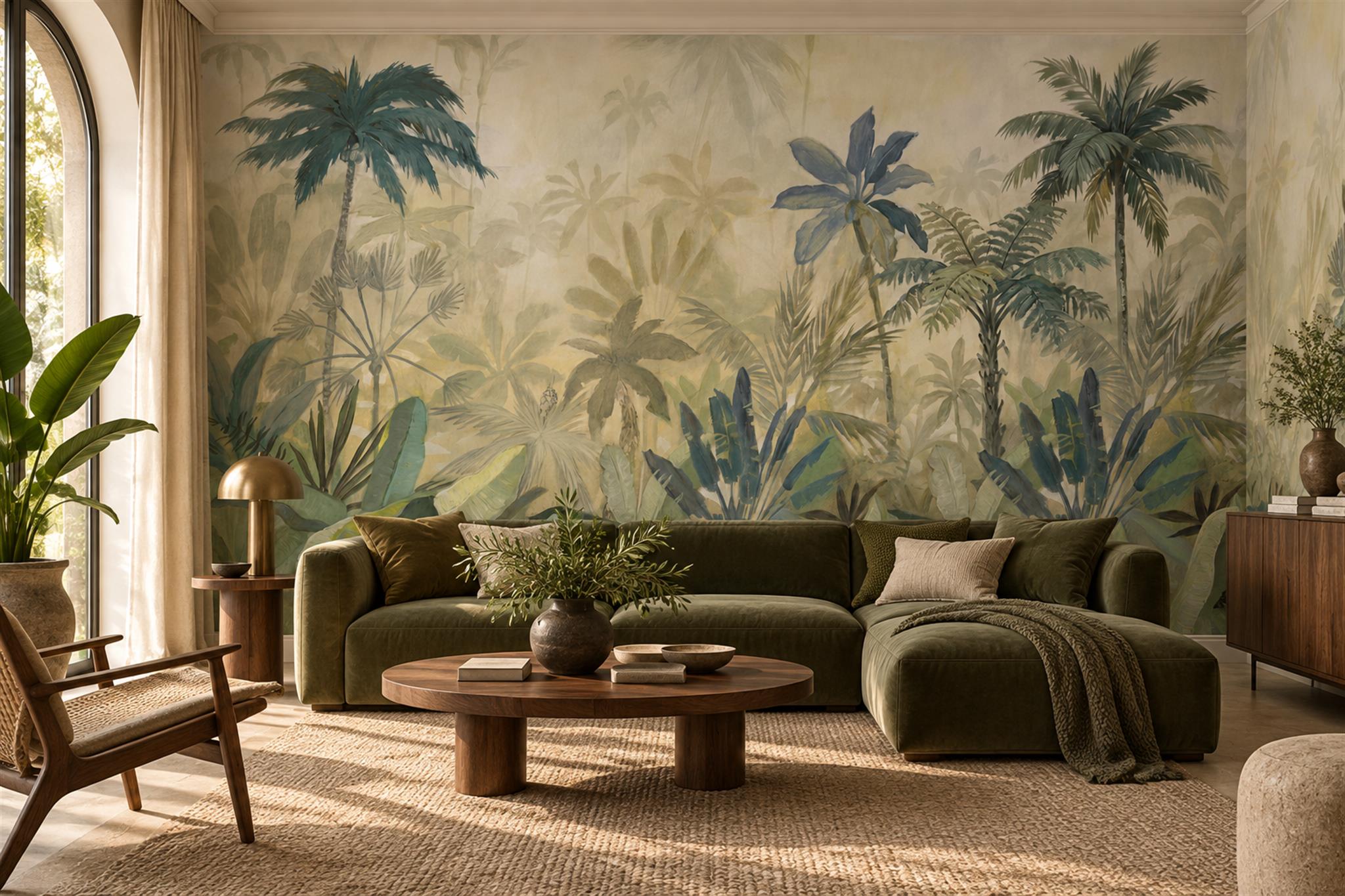 Misty Sage Tropical Palm Landscape Wallpaper Mural — Wallpaper Mural Design, Peel-and-stick Finish