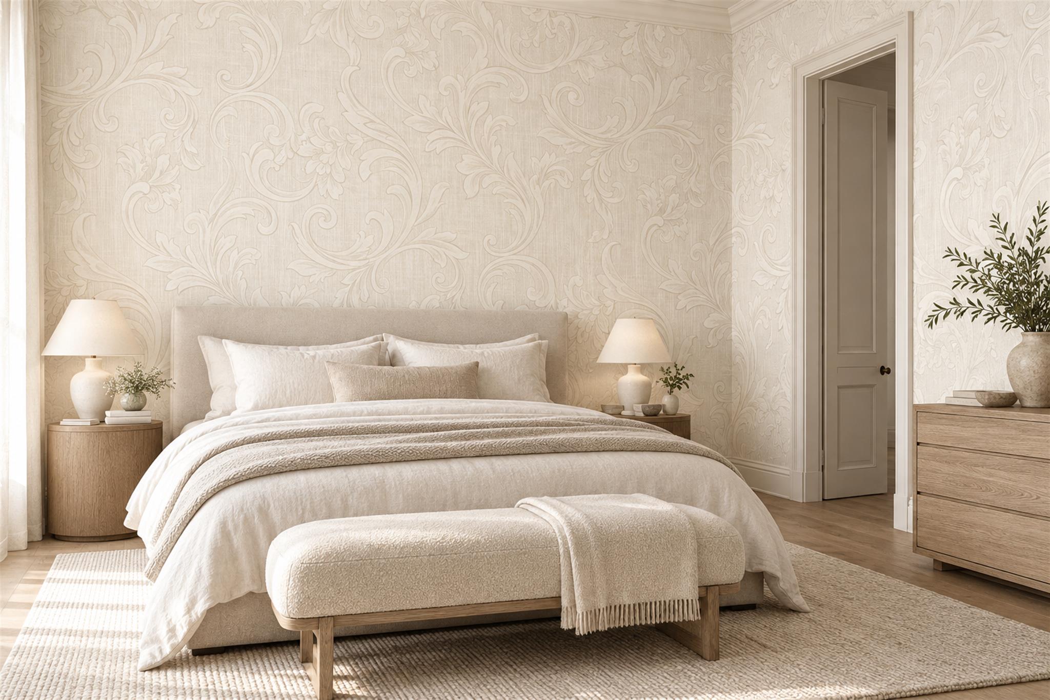 Ivory Pattern Decorative Illustrated Wallpaper Mural Bedroom-wallpaper-murals, Peel-and-stick Finish