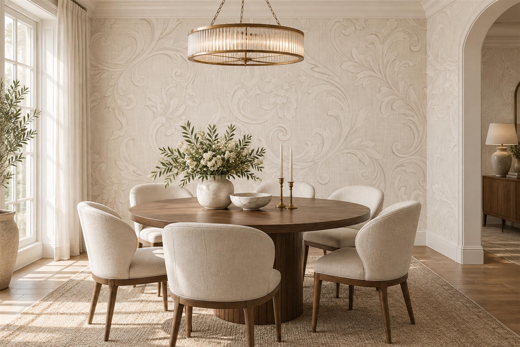 Ivory Raised Damask Scroll Wallpaper Mural — Wallpaper Mural Design, Peel-and-stick Finish