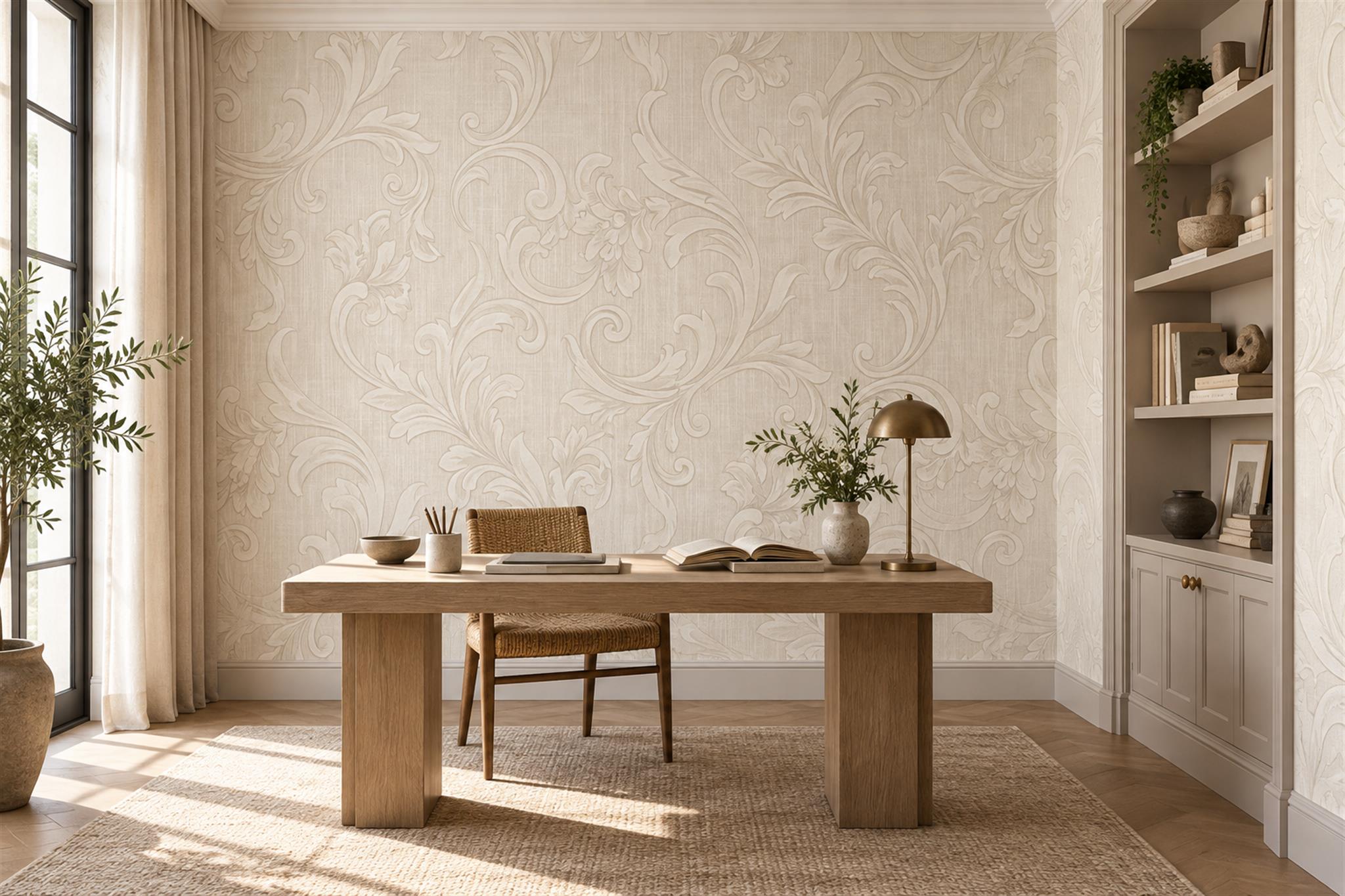 Ivory Pattern Decorative Illustrated Wallpaper Mural Dining-room-wallpaper-murals, Peel-and-stick Finish