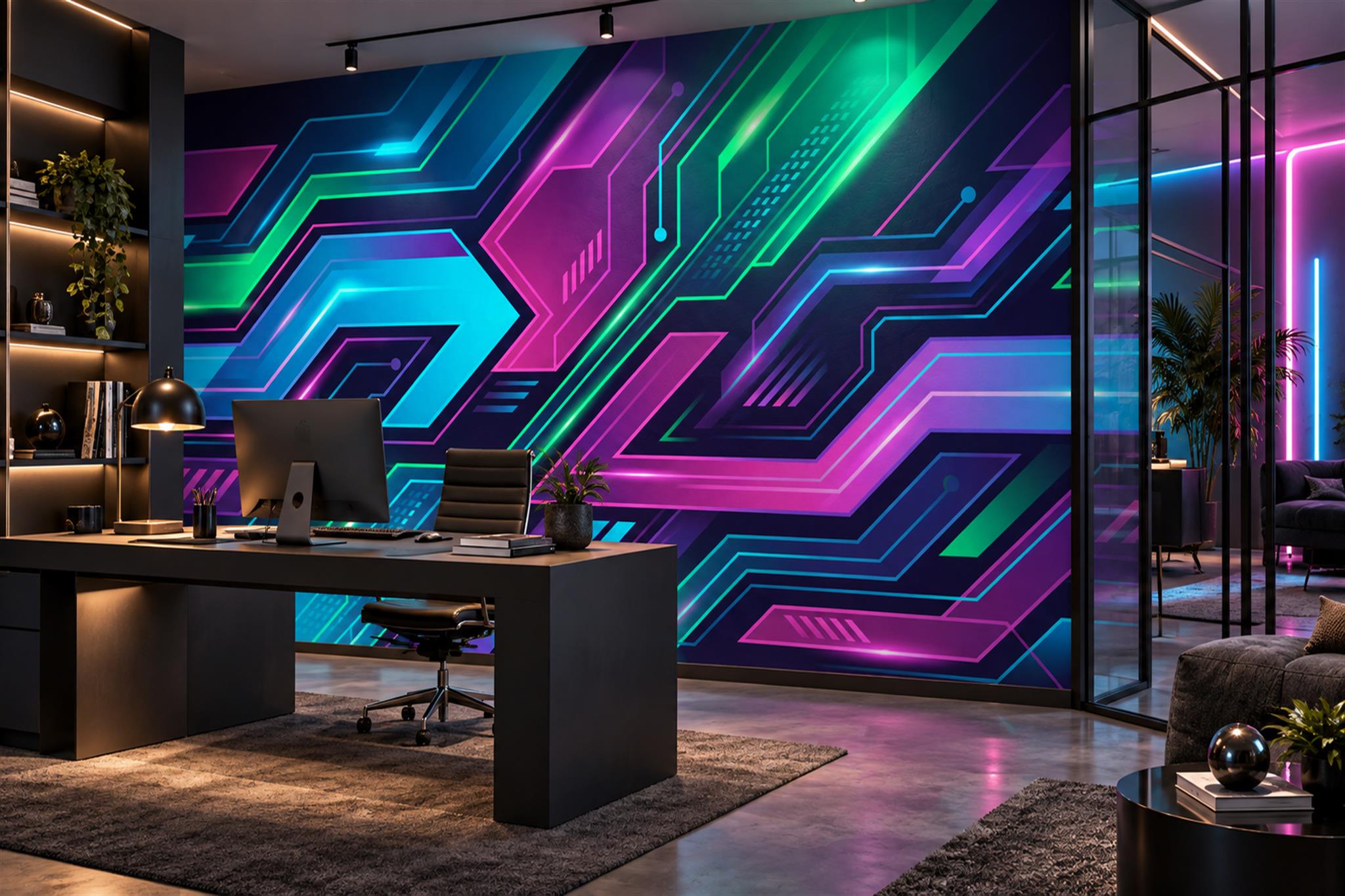 Purple Pattern Decorative Wallpaper Mural Layered Abstract Wallpaper Home-office-wallpaper-murals, Shown In A Home Office, Peel-and-stick Finish
