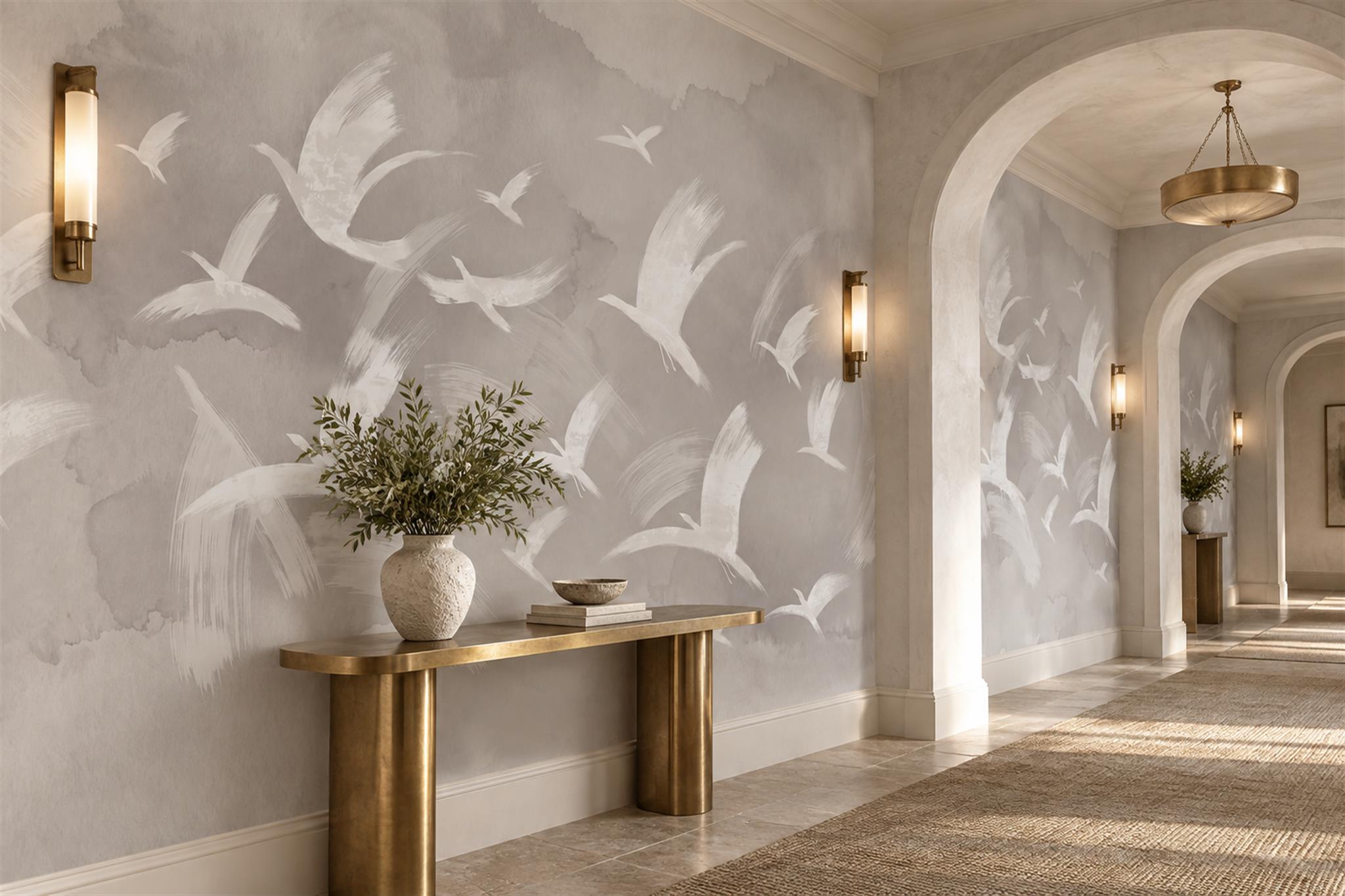Grey Botanical Botanical Bird Wallpaper Mural Hallway-wallpaper-murals, Peel-and-stick Finish