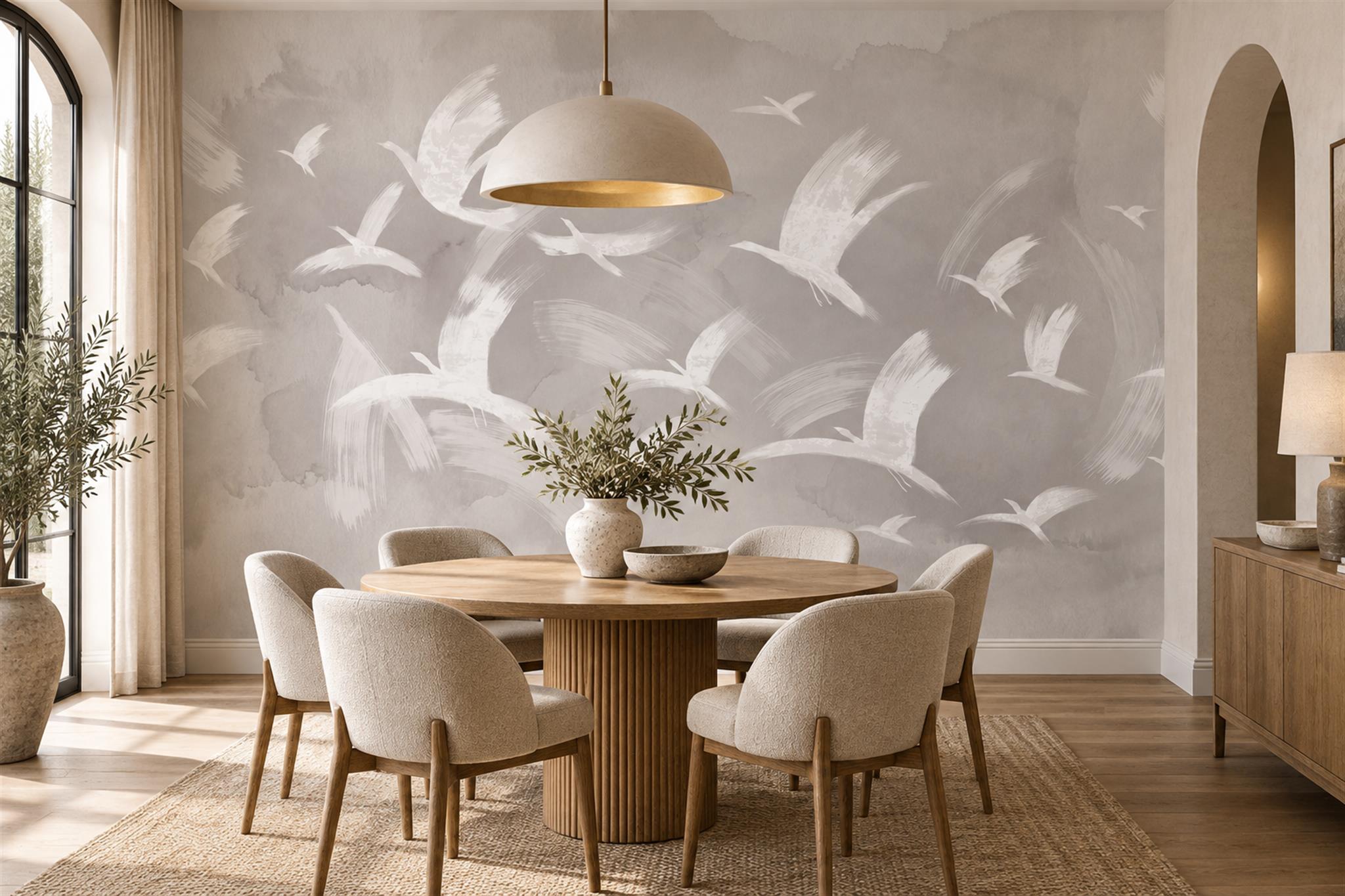 Grey Botanical Botanical Bird Wallpaper Mural Dining-room-wallpaper-murals, Shown In A Dining Room, Peel-and-stick Finish