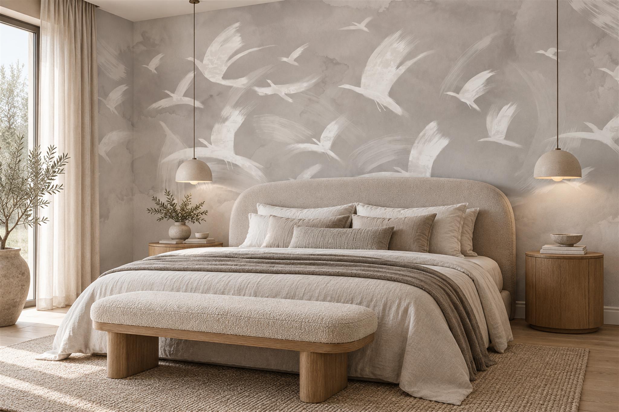 Grey Seabirds In Flight Wallpaper Mural — Installed Wallpaper Mural In A Bedroom, Peel-and-stick Finish