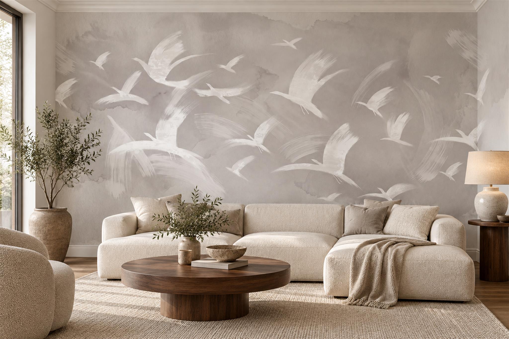 Grey Botanical Botanical Bird Wallpaper Mural Living-room-wallpaper-murals, Peel-and-stick Finish