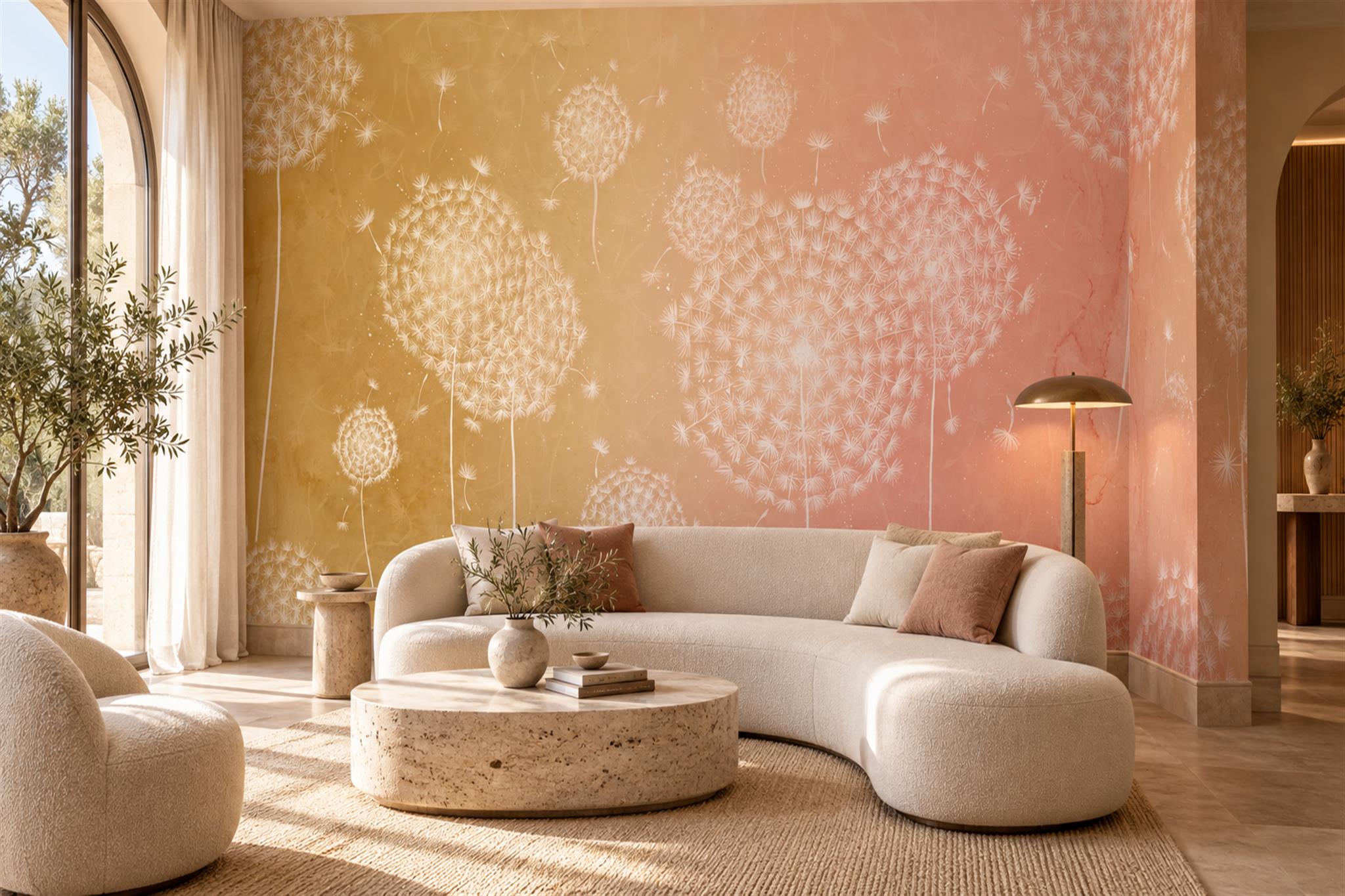 Peach Pattern Decorative Wallpaper Mural Layered Organic Wallpaper Mural Living-room-wallpaper-murals, Shown In A Living Room, Peel-and-stick Finish