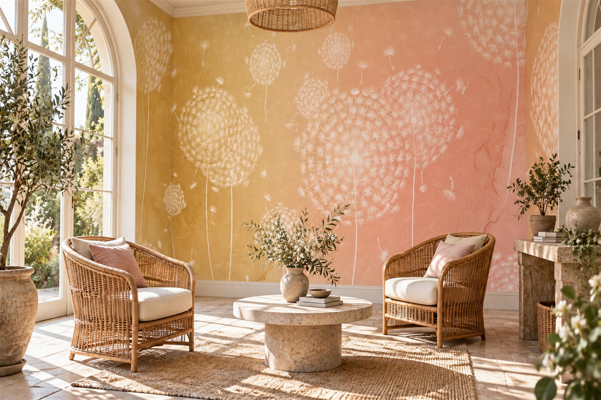 Peach And Ochre Dandelion Seed Wallpaper Mural — Wallpaper Mural Design, Peel-and-stick Finish