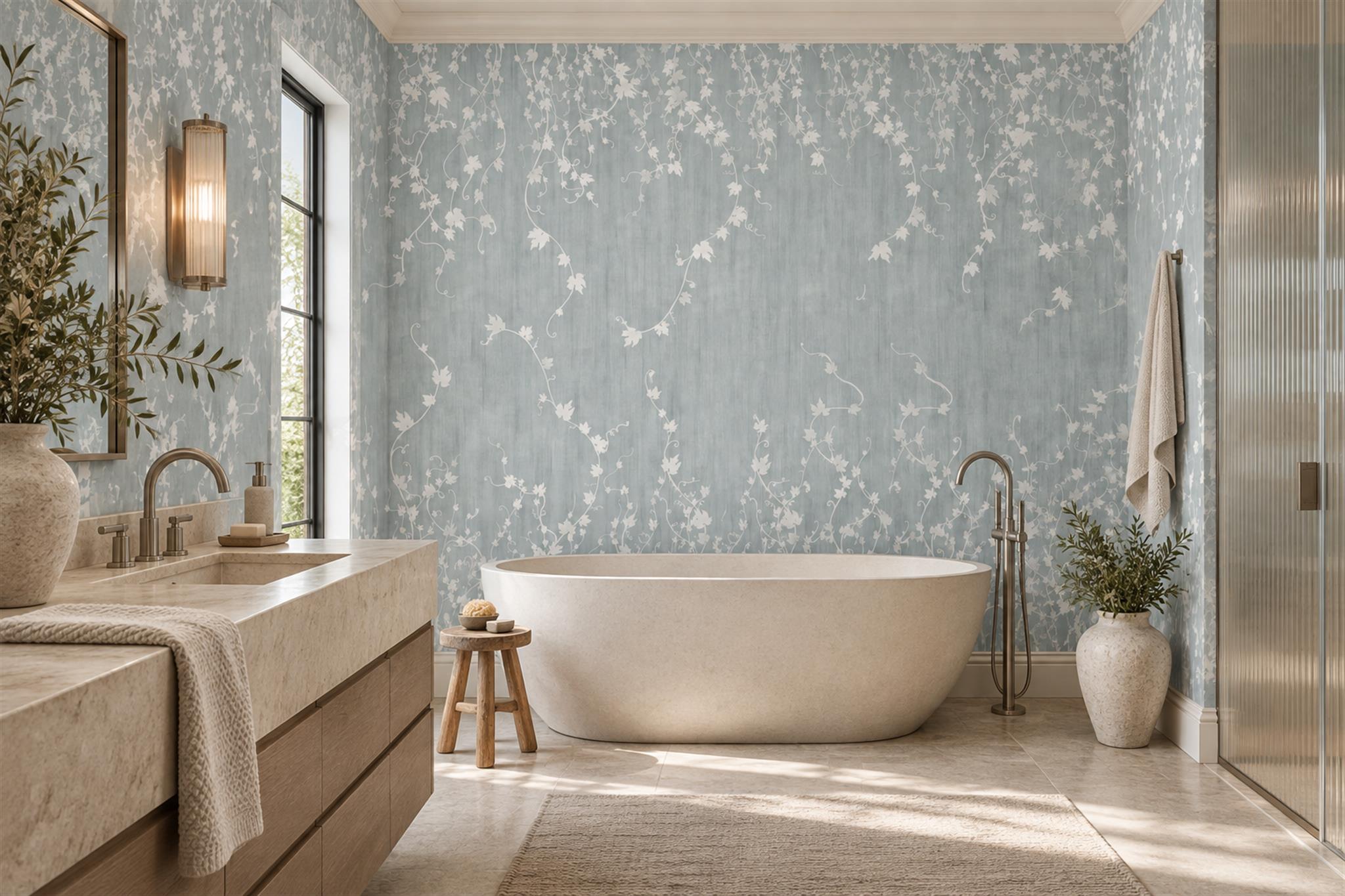Blue Floral Botanical Vintage Wallpaper Mural Bathroom-wallpaper-murals, Peel-and-stick Finish