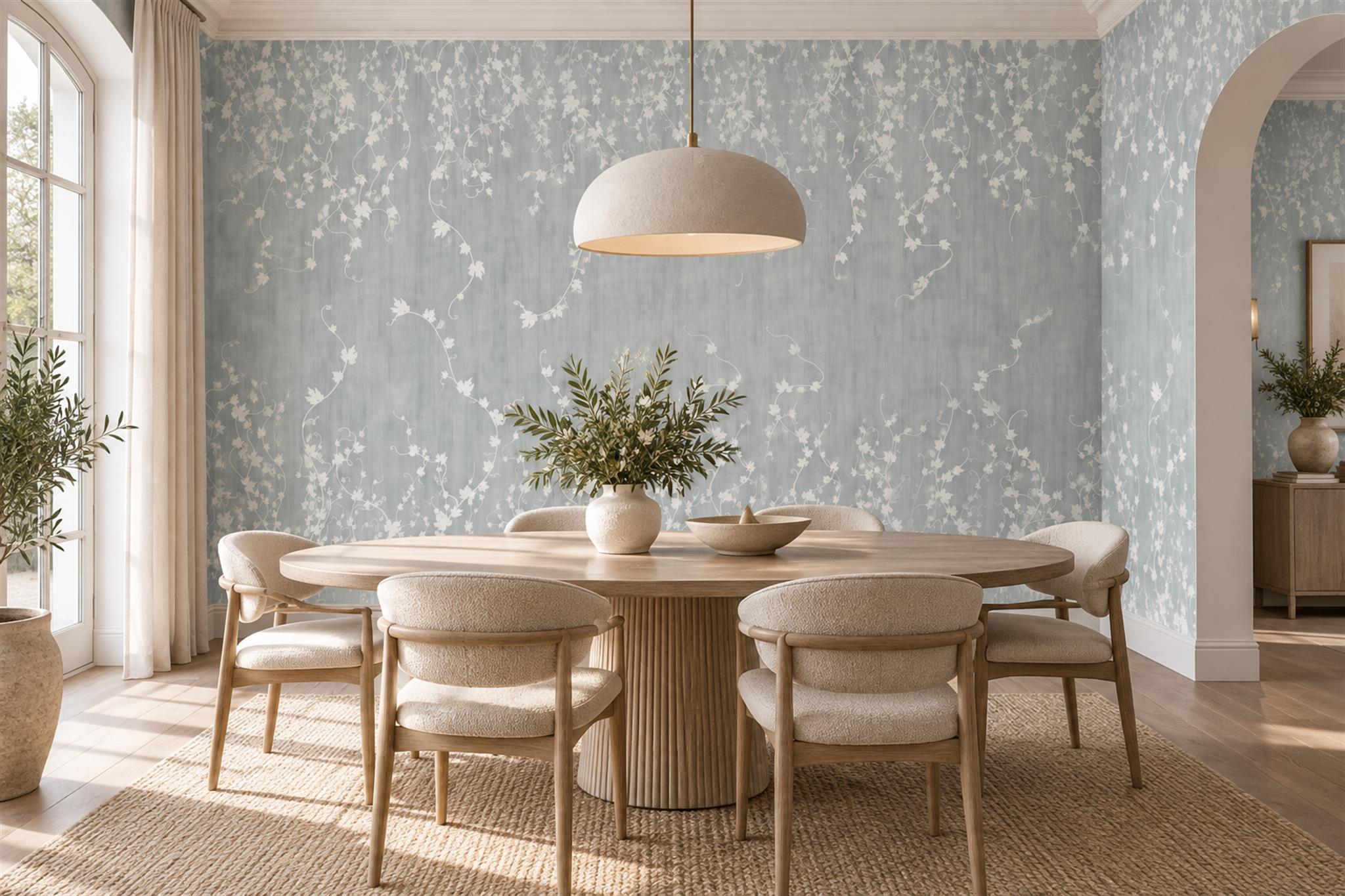 Pale Blue Grey Floral Linework Wallpaper Mural — Wallpaper Mural Design, Peel-and-stick Finish