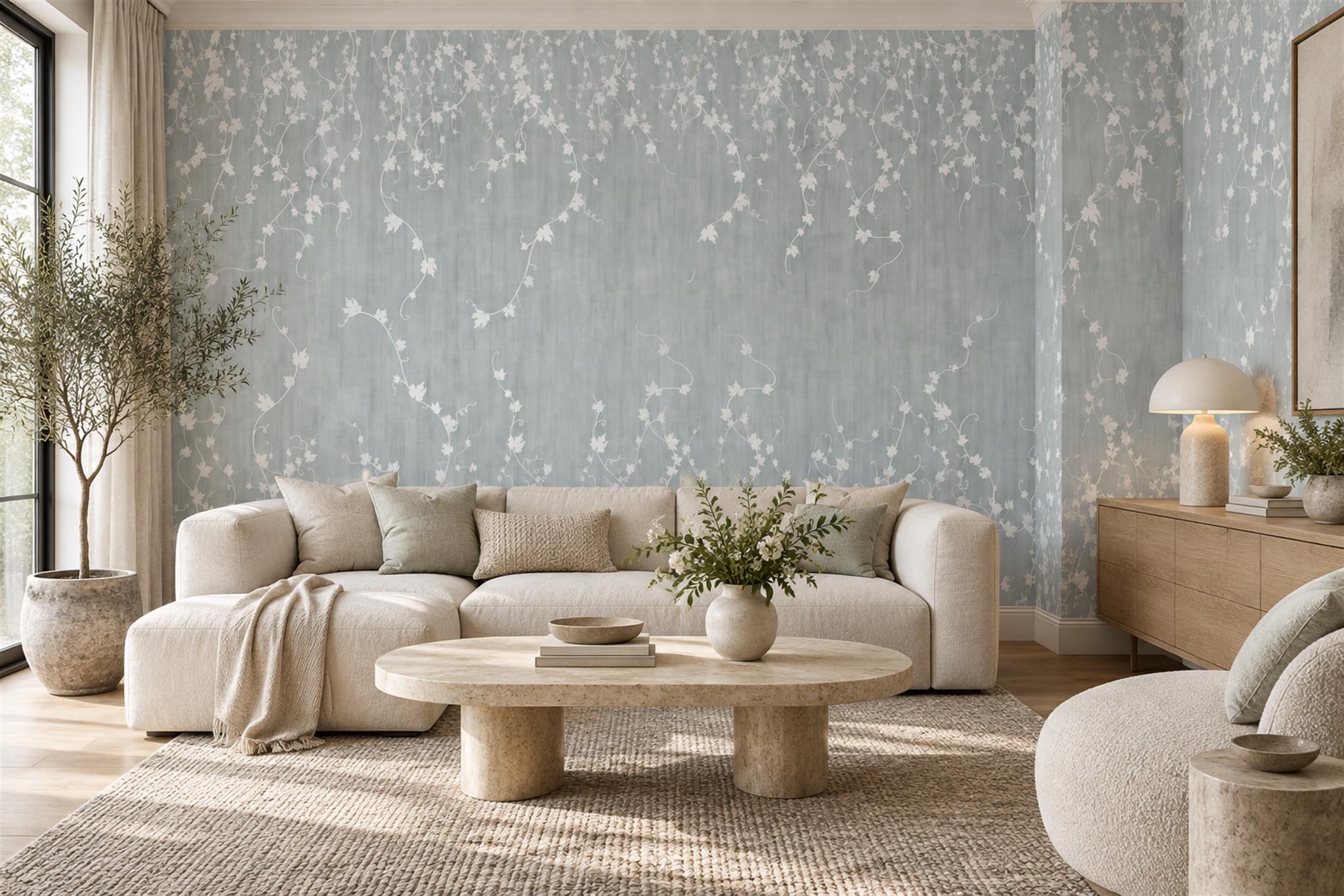 Blue Floral Botanical Vintage Wallpaper Mural Dining-room-wallpaper-murals, Peel-and-stick Finish