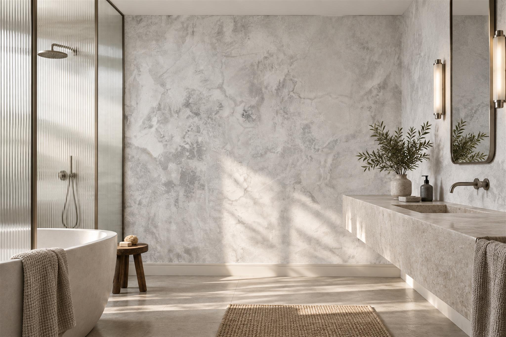 White Plaster Decorative Painterly Wallpaper Mural Bathroom-wallpaper-murals, Peel-and-stick Finish