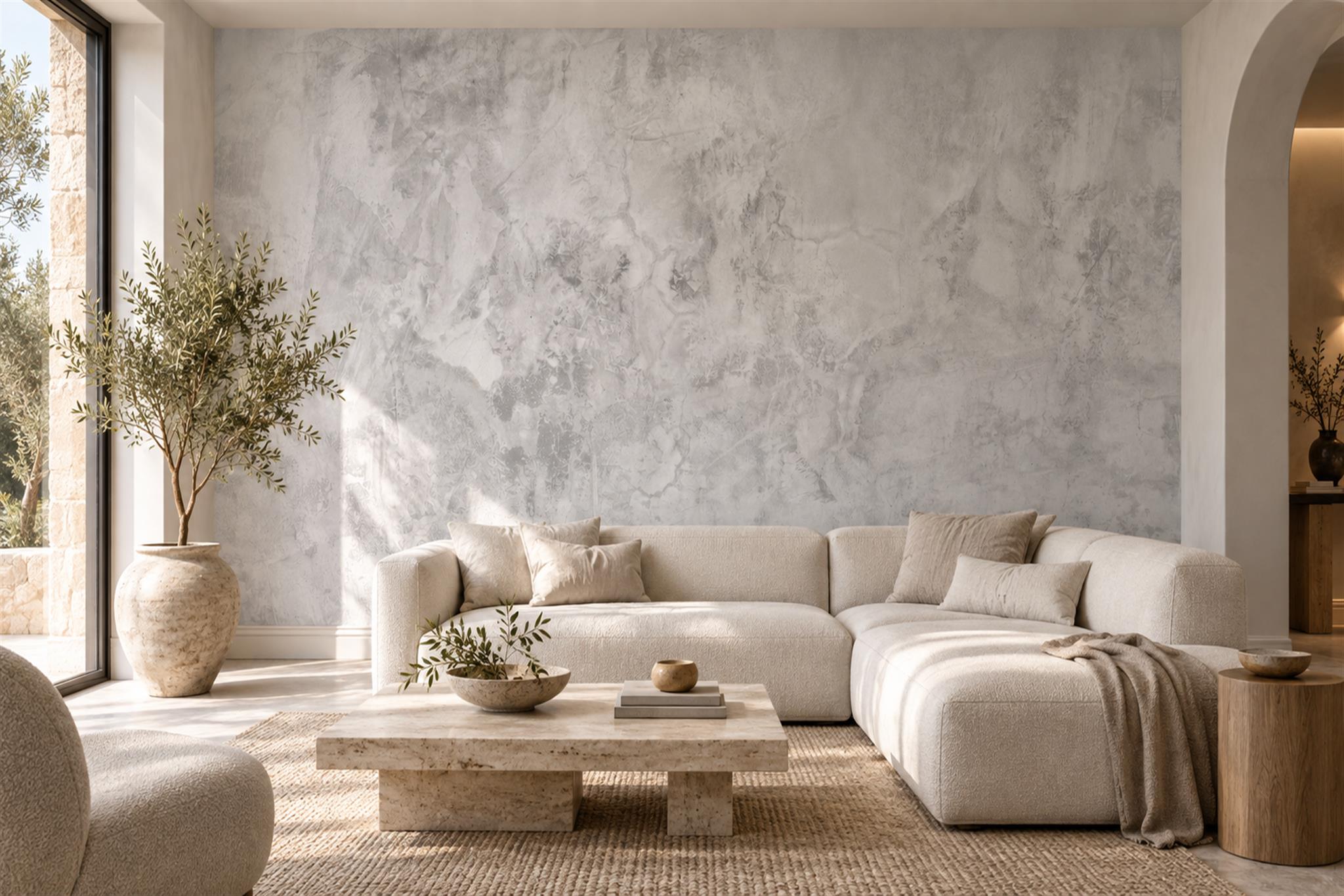 White Plaster Decorative Painterly Wallpaper Mural Accent-wall-wallpaper-murals, Peel-and-stick Finish