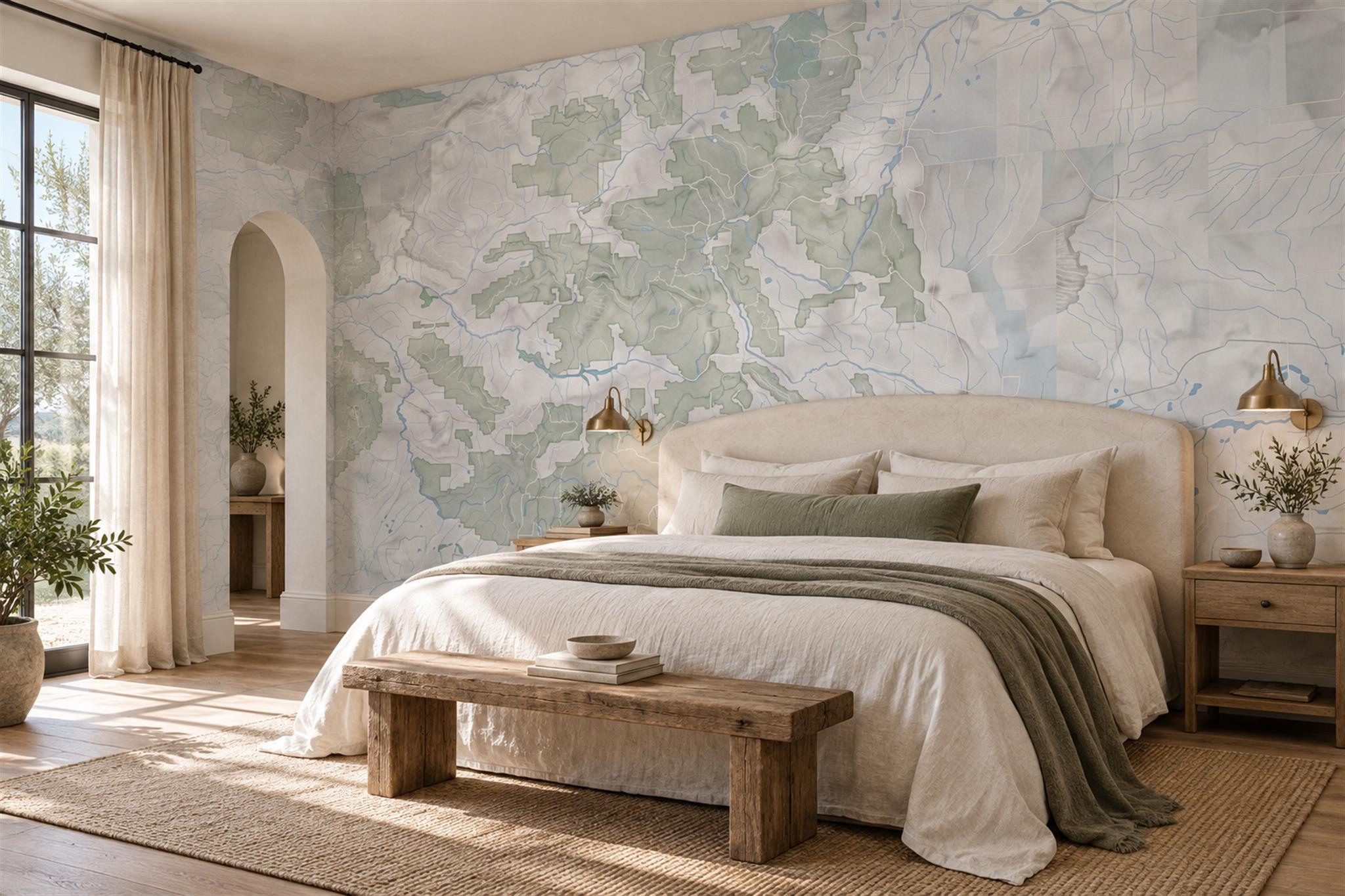 Pale Sage Topographic Map Wallpaper Mural — Installed Wallpaper Mural In A Bedroom, Peel-and-stick Finish