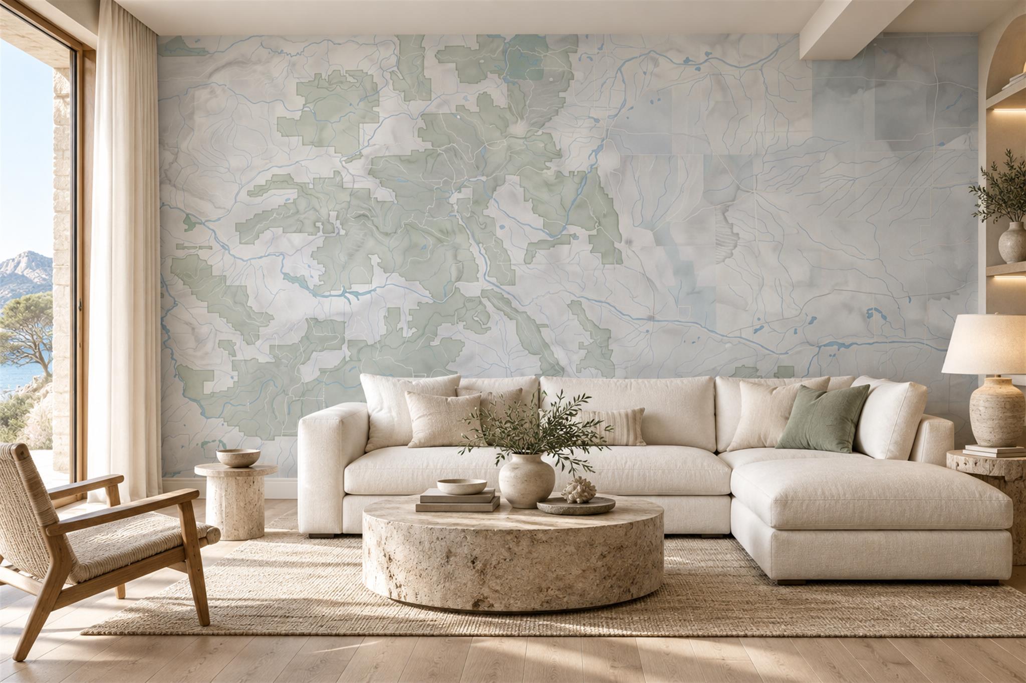 Sage Map Artful Abstract Wallpaper Mural Living-room-wallpaper-murals, Peel-and-stick Finish