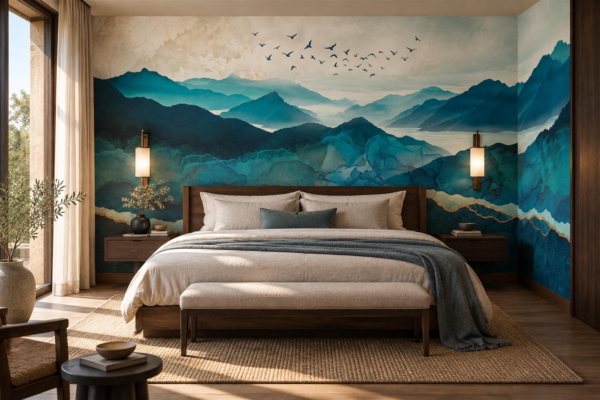 Teal Mountain Scenic Painterly Wallpaper Mural Bedroom-wallpaper-murals, Peel-and-stick Finish