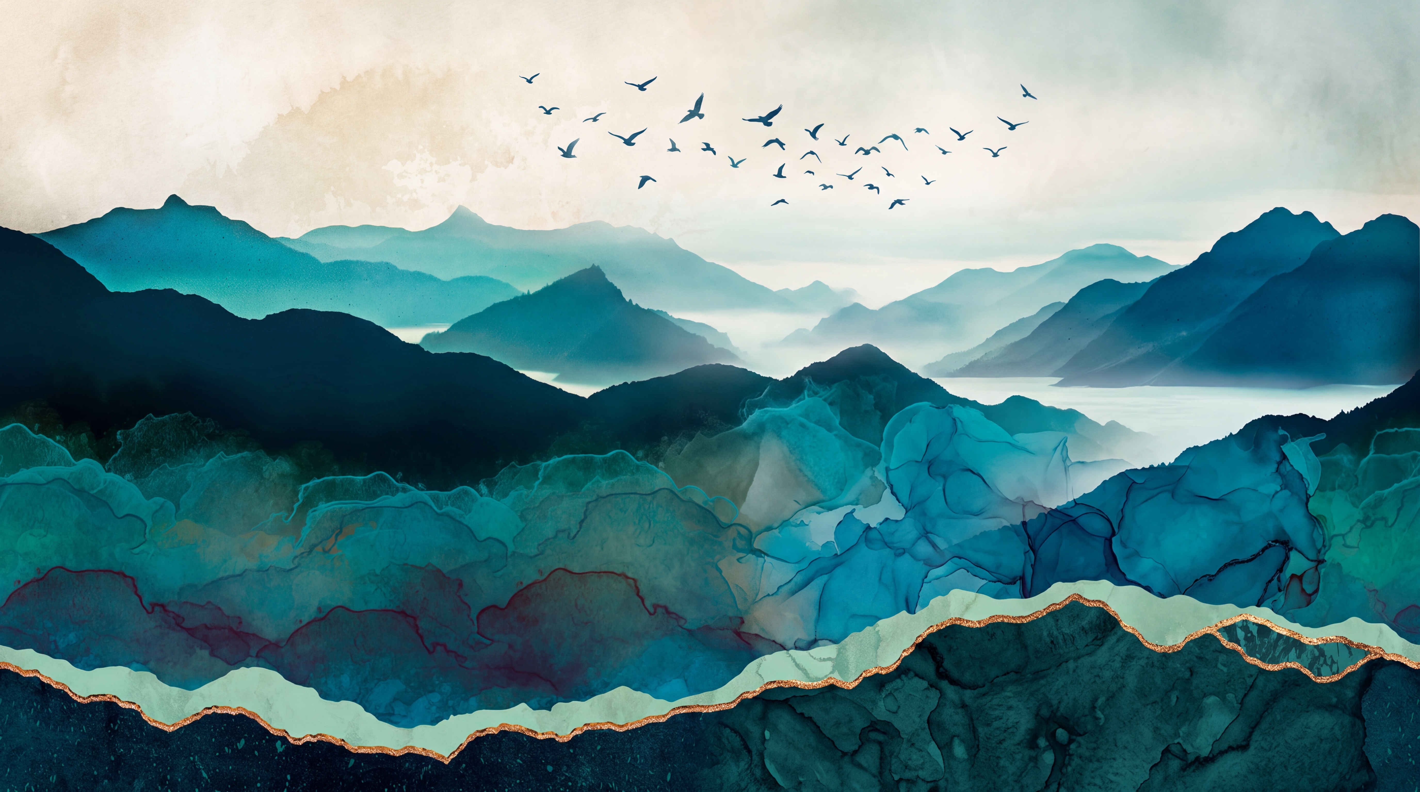 Teal Mountain Scenic Painterly Wallpaper Mural, Peel-and-stick Finish