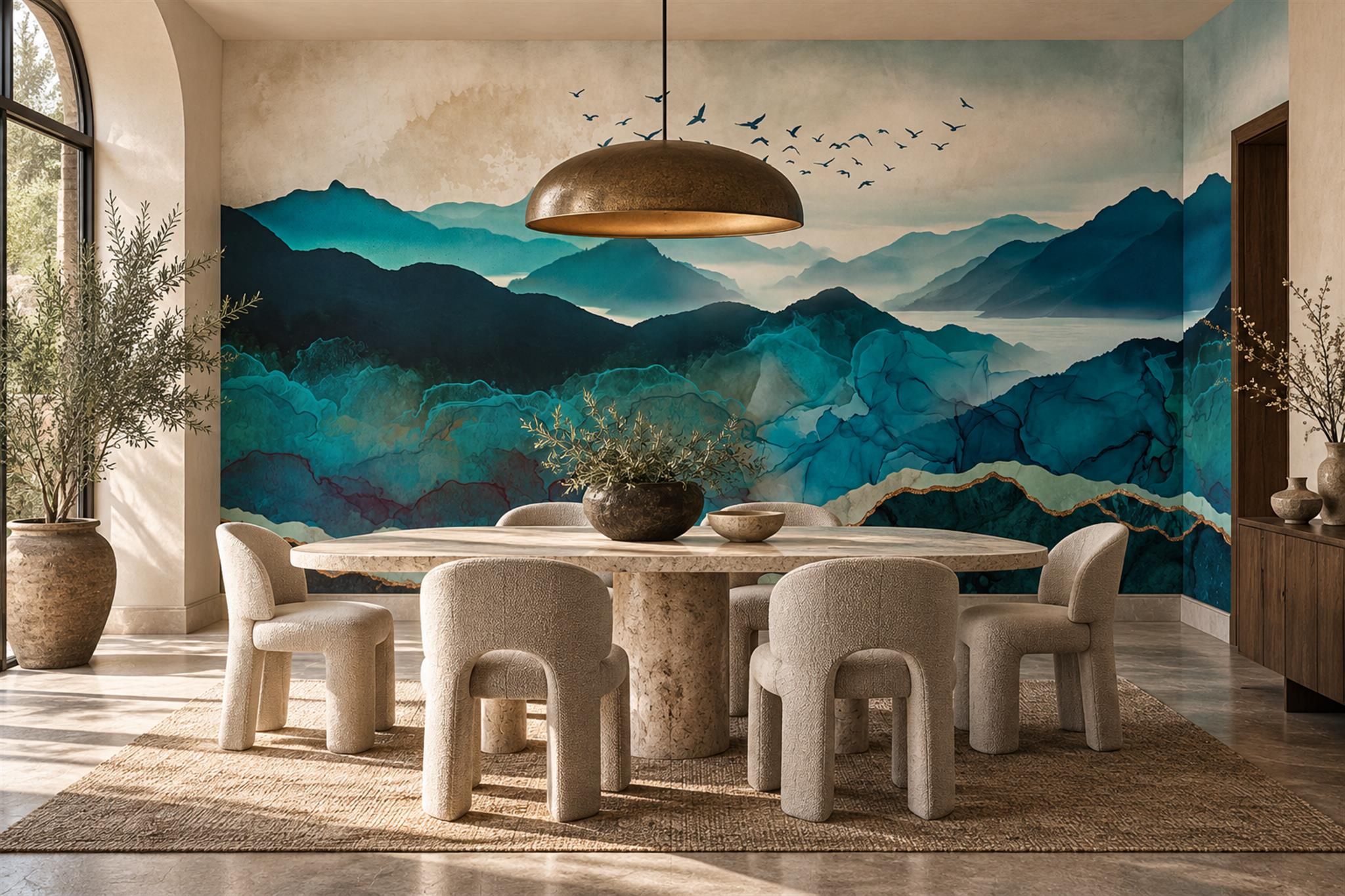 Teal Mountain Lake And Birds Wallpaper Mural — Wallpaper Mural Design, Peel-and-stick Finish