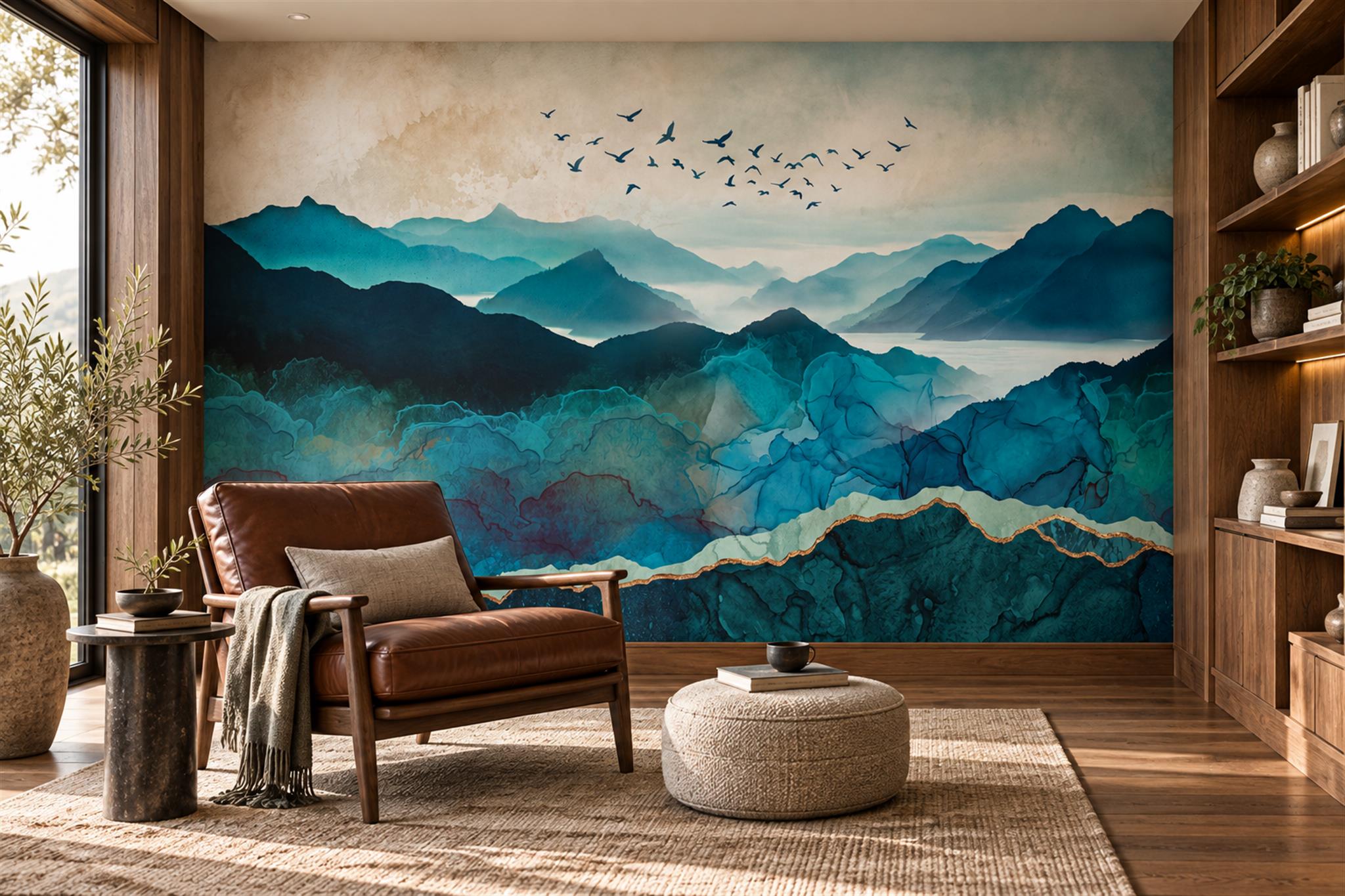 Teal Mountain Scenic Painterly Wallpaper Mural Home-office-wallpaper-murals, Shown In A Home Office, Peel-and-stick Finish