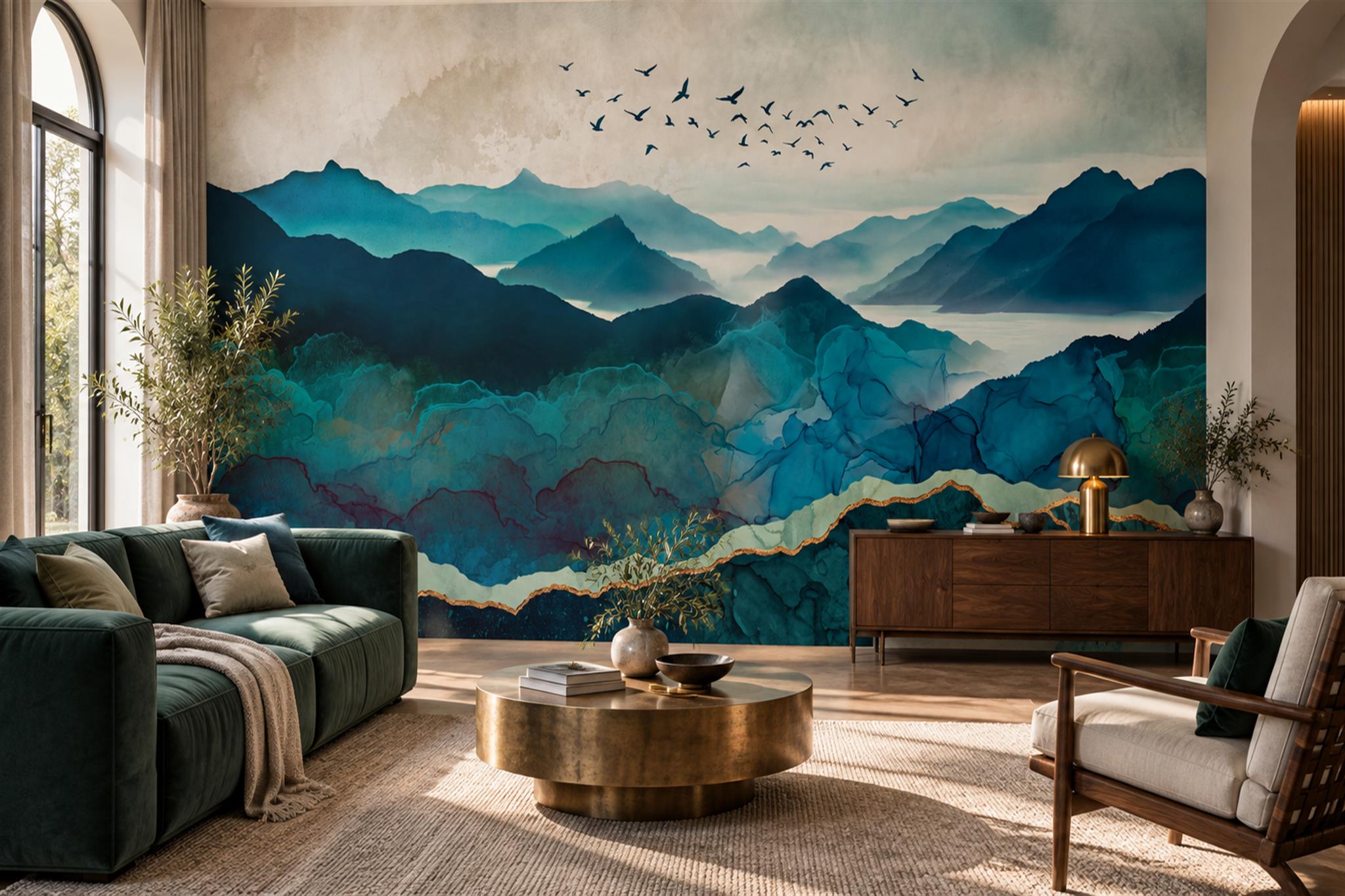 Teal Mountain Scenic Painterly Wallpaper Mural Dining-room-wallpaper-murals, Peel-and-stick Finish