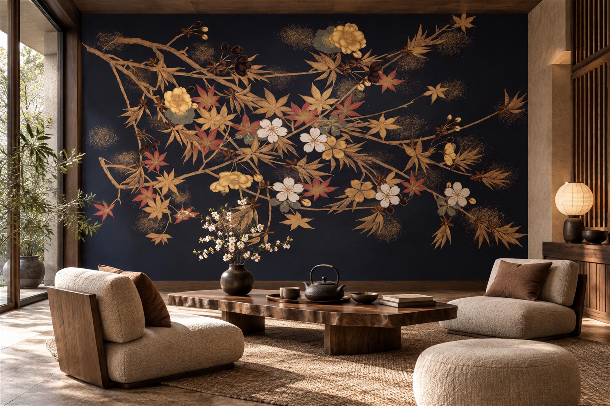 Gold Pattern Decorative Wallpaper Mural Layered Branches Wallpaper Mural Accent-wall-wallpaper-murals, Peel-and-stick Finish