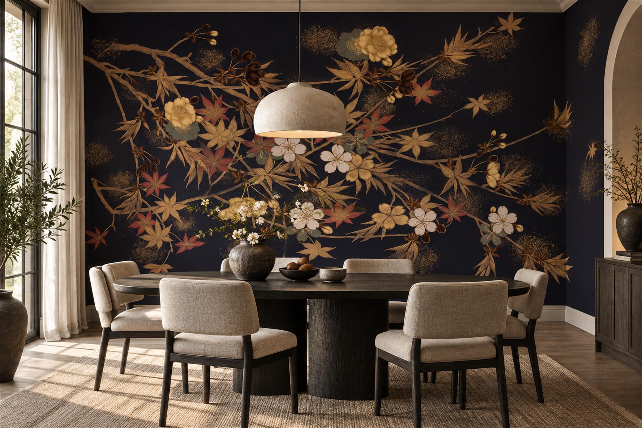 Gold Pattern Decorative Wallpaper Mural Layered Branches Wallpaper Mural Dining-room-wallpaper-murals, Shown In A Dining Room, Peel-and-stick Finish