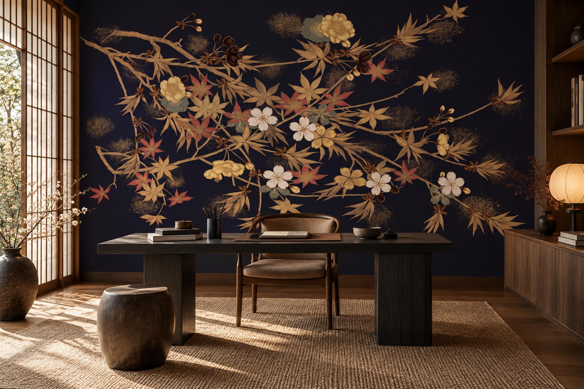 Golden Blossom Branches On Midnight Wallpaper Mural — Wallpaper Mural Design, Peel-and-stick Finish