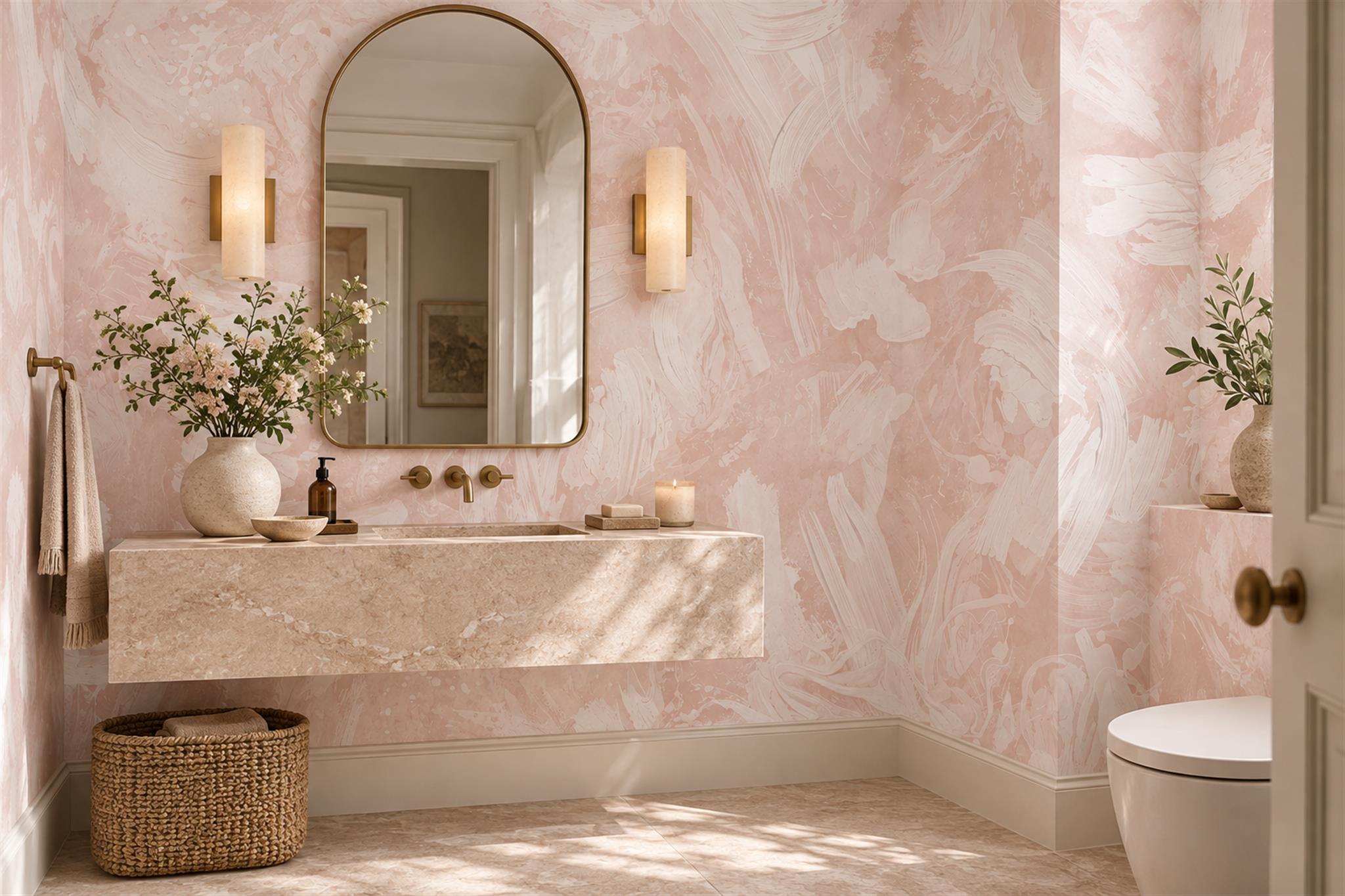 Pink Pattern Decorative Wallpaper Mural Layered Layered Detail Wallpaper Bathroom-wallpaper-murals, Peel-and-stick Finish