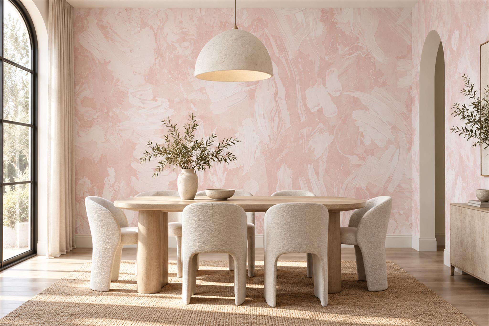 Pink Pattern Decorative Wallpaper Mural Layered Layered Detail Wallpaper Dining-room-wallpaper-murals, Shown In A Dining Room, Peel-and-stick Finish