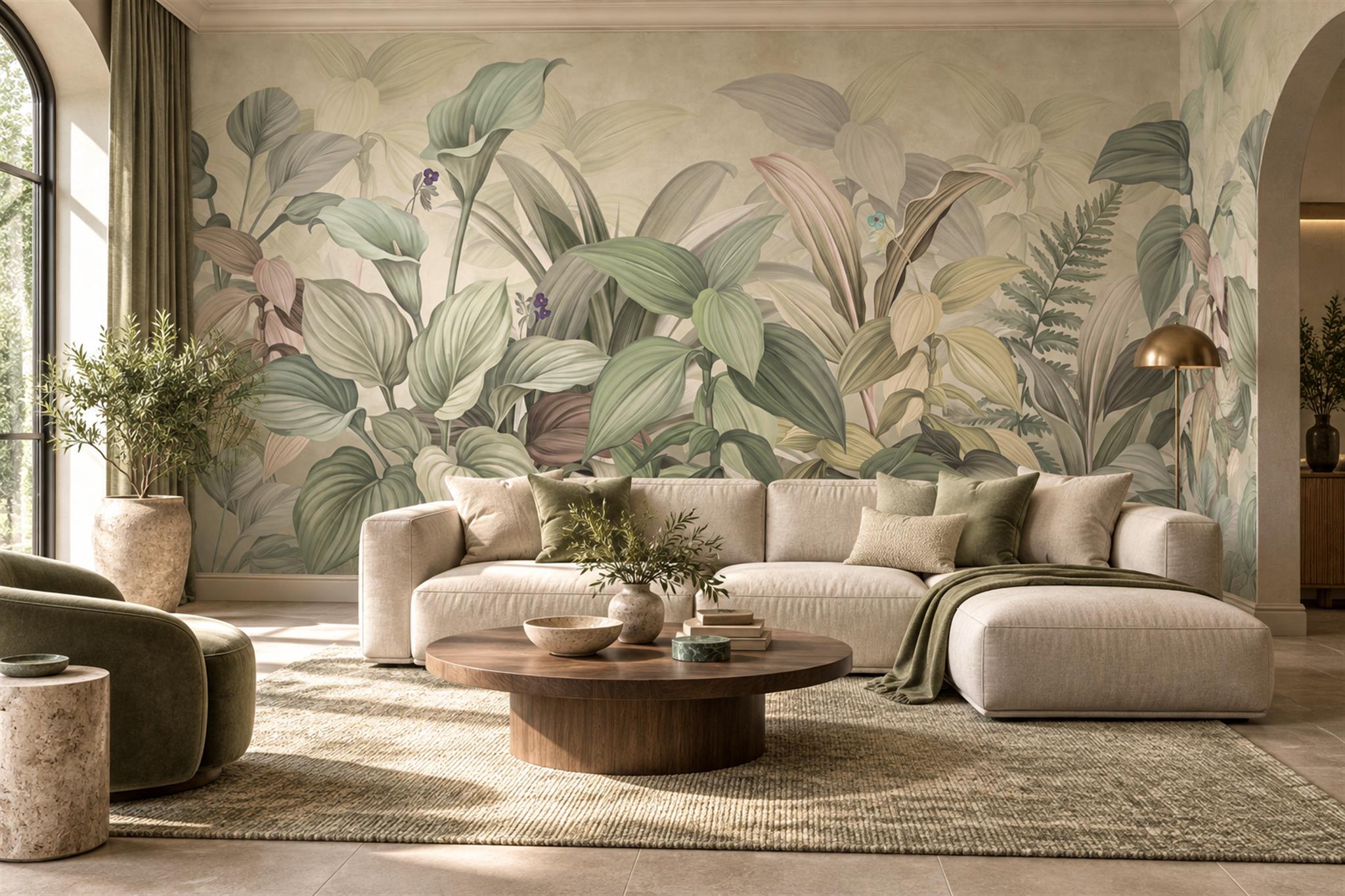 Sage Leaf Botanical Wallpaper Mural Layered Living-room-wallpaper-murals, Shown In A Living Room, Peel-and-stick Finish
