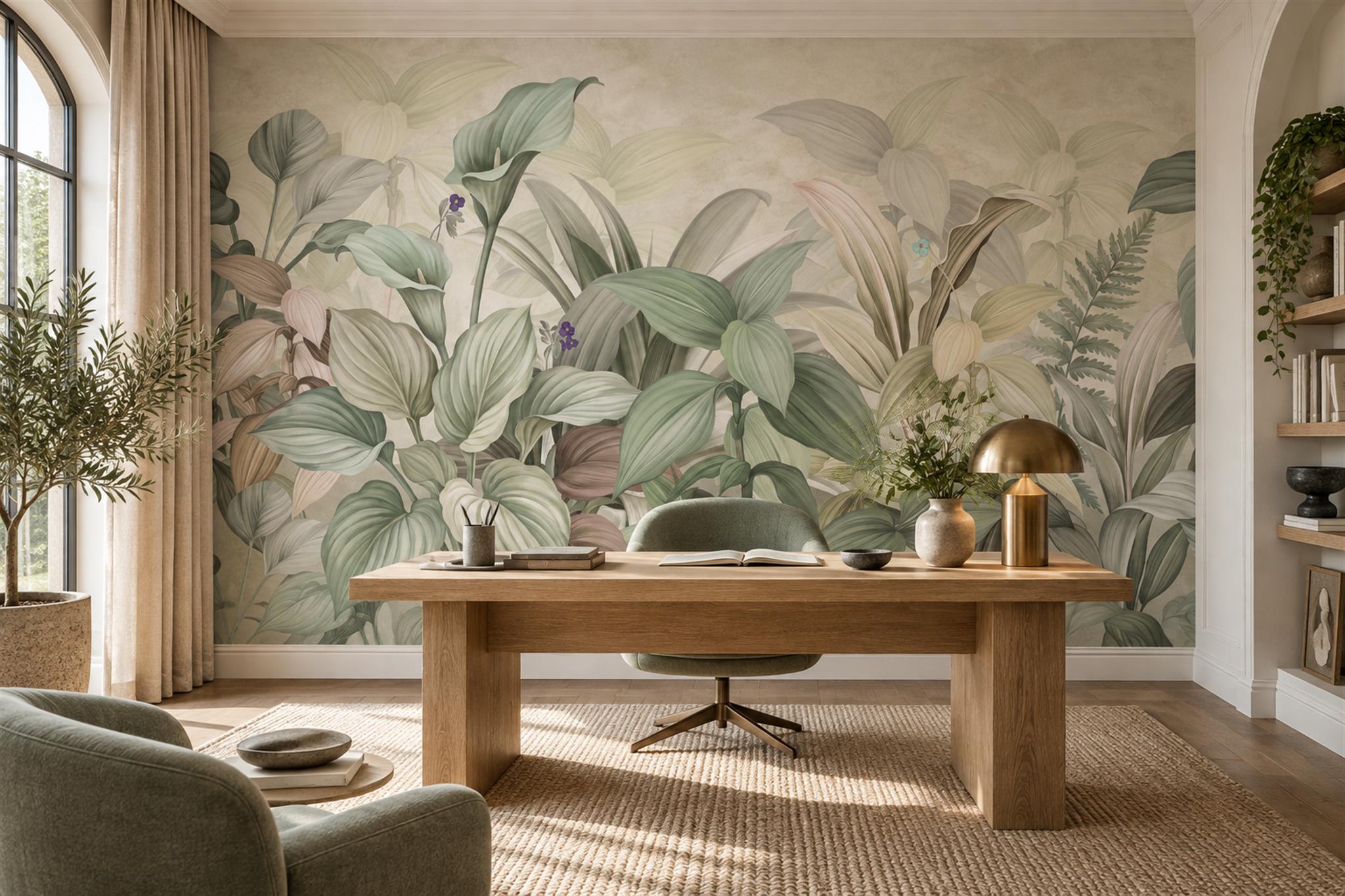 Sage Leaf Botanical Wallpaper Mural Layered Home-office-wallpaper-murals, Shown In A Home Office, Peel-and-stick Finish