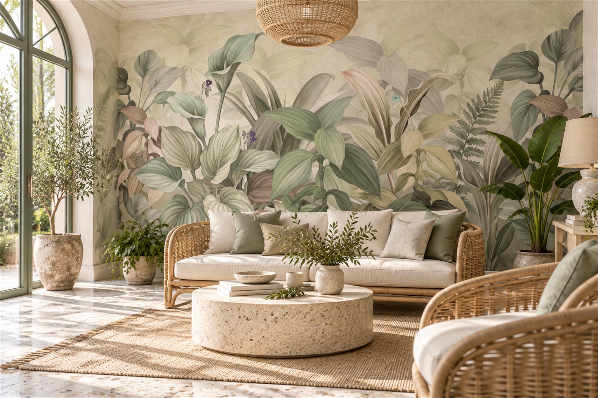Sage And Ivory Layered Leaves Wallpaper Mural — Wallpaper Mural Design, Peel-and-stick Finish