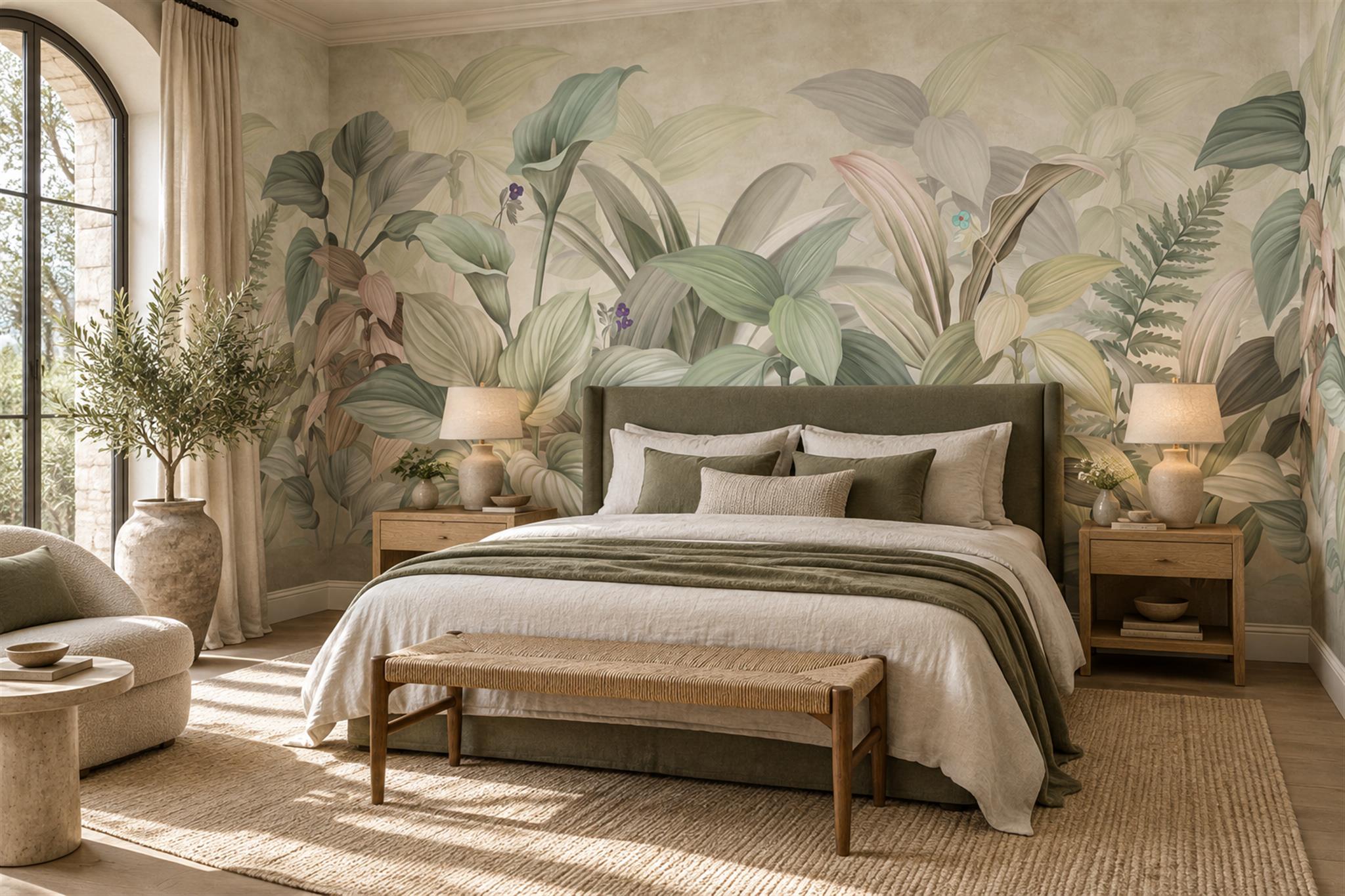 Sage Leaf Botanical Wallpaper Mural Layered Accent-wall-wallpaper-murals, Peel-and-stick Finish