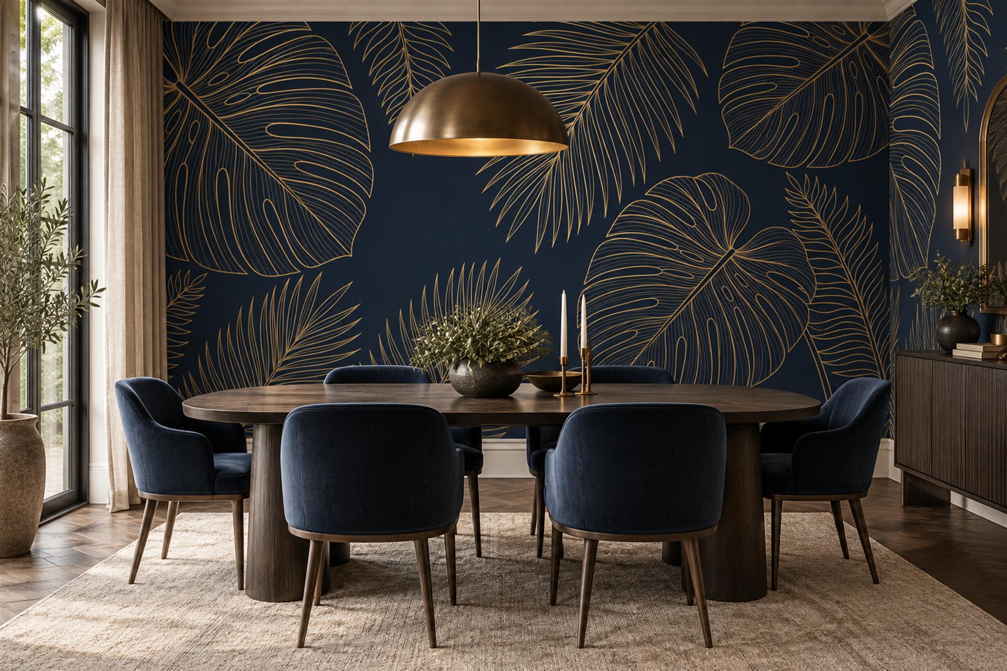 Gold Leaf Botanical Wallpaper Mural Dining-room-wallpaper-murals, Shown In A Dining Room, Peel-and-stick Finish