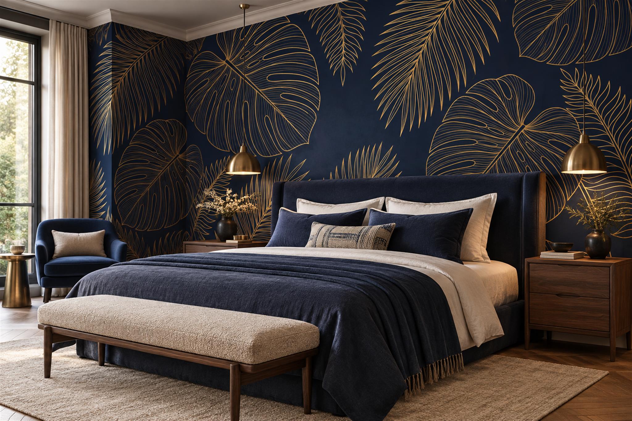 Gold Leaf Botanical Wallpaper Mural Bedroom-wallpaper-murals, Peel-and-stick Finish
