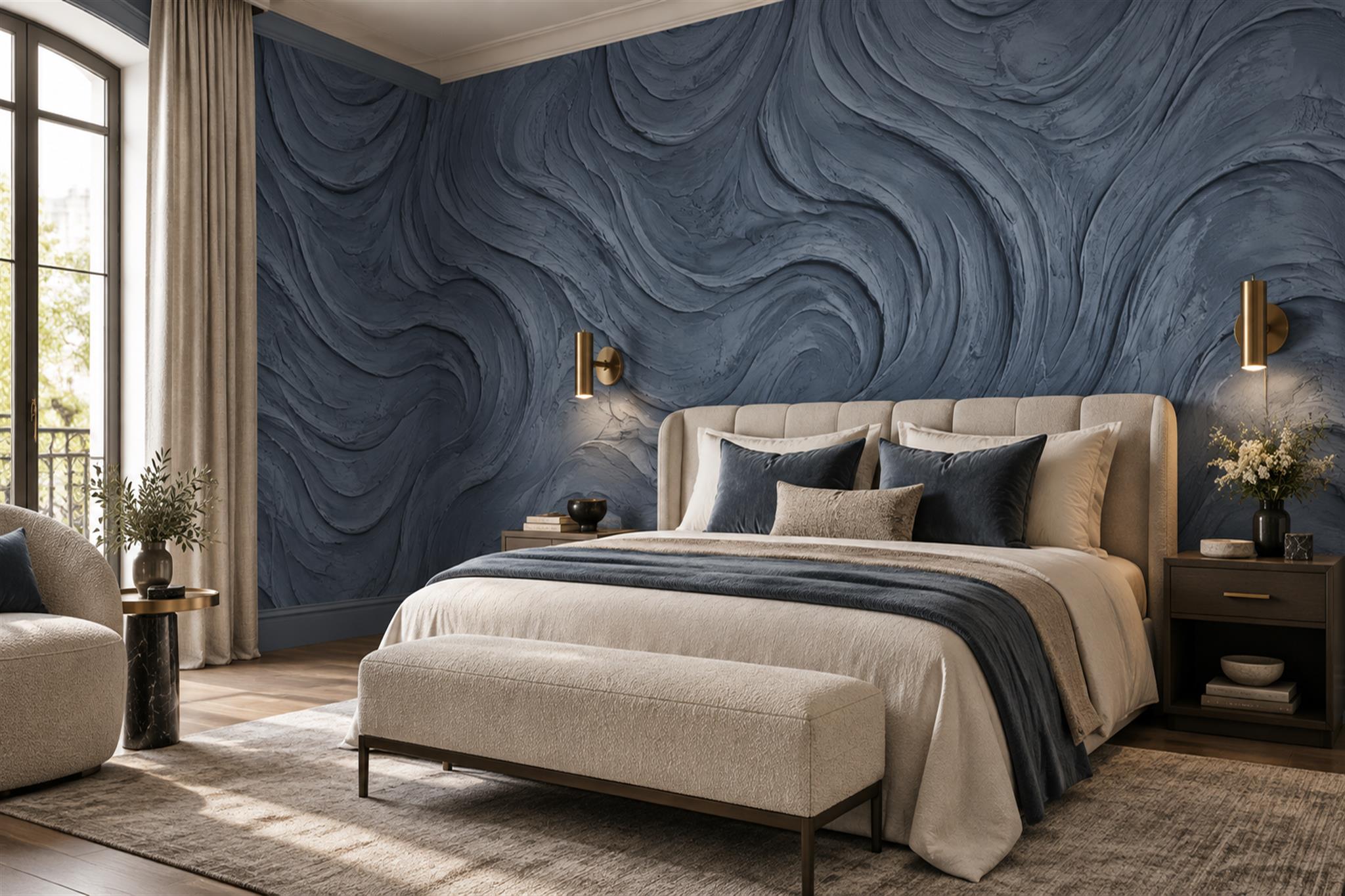 Blue Pattern Decorative Swirl Wallpaper Mural Bedroom-wallpaper-murals, Peel-and-stick Finish
