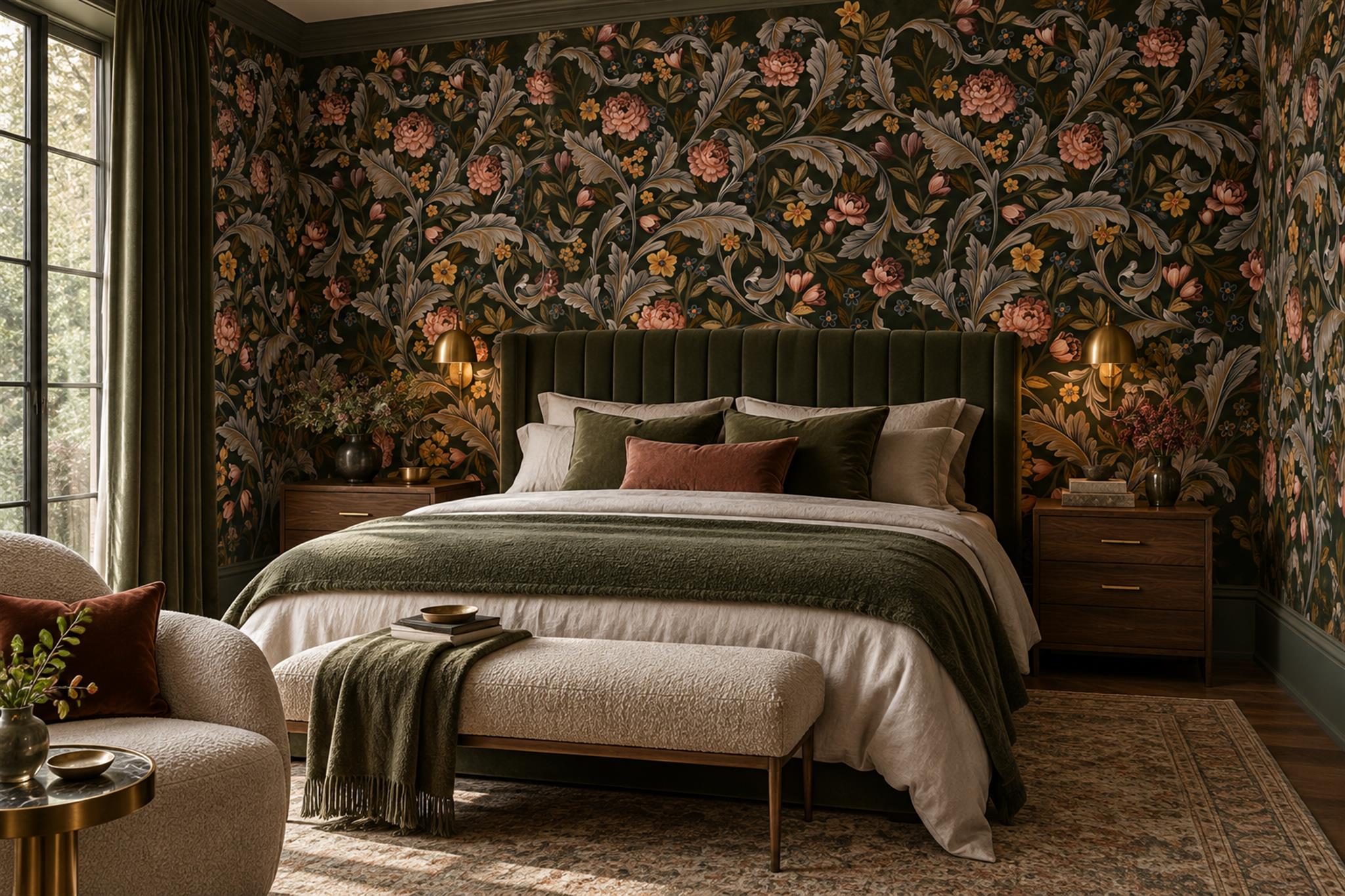 Black Floral Botanical Vintage Wallpaper Mural Bedroom-wallpaper-murals, Peel-and-stick Finish