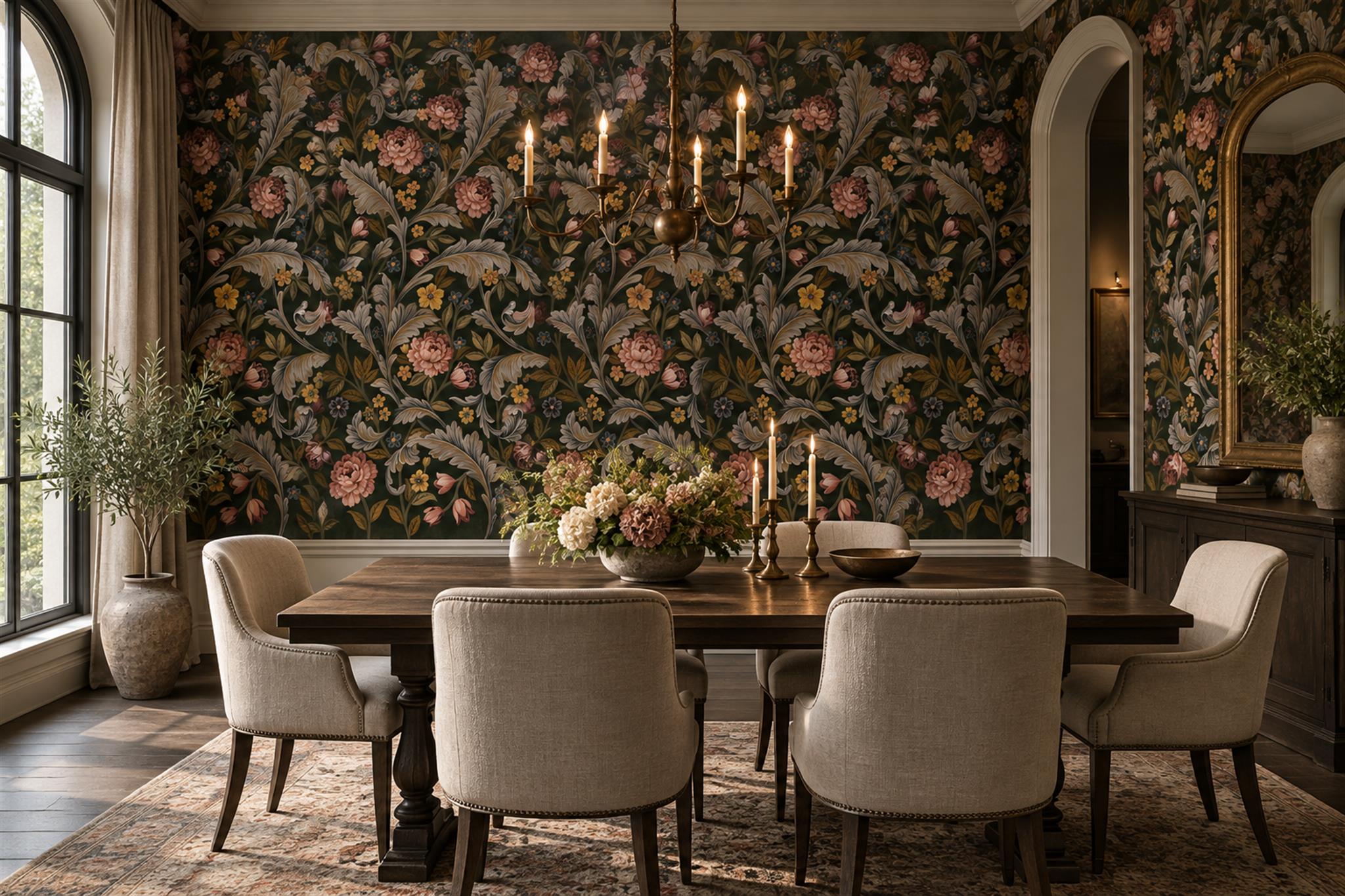 Black Floral Botanical Vintage Wallpaper Mural Dining-room-wallpaper-murals, Peel-and-stick Finish