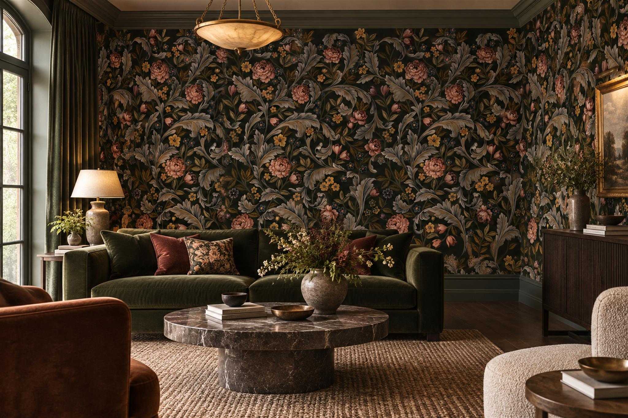 Black Floral Botanical Vintage Wallpaper Mural Accent-wall-wallpaper-murals, Peel-and-stick Finish