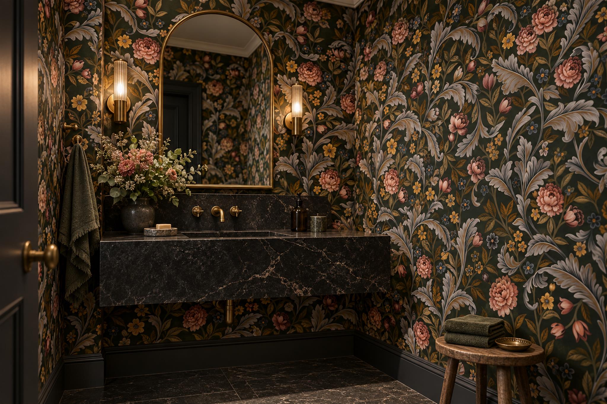 Black Floral Botanical Vintage Wallpaper Mural Bathroom-wallpaper-murals, Peel-and-stick Finish