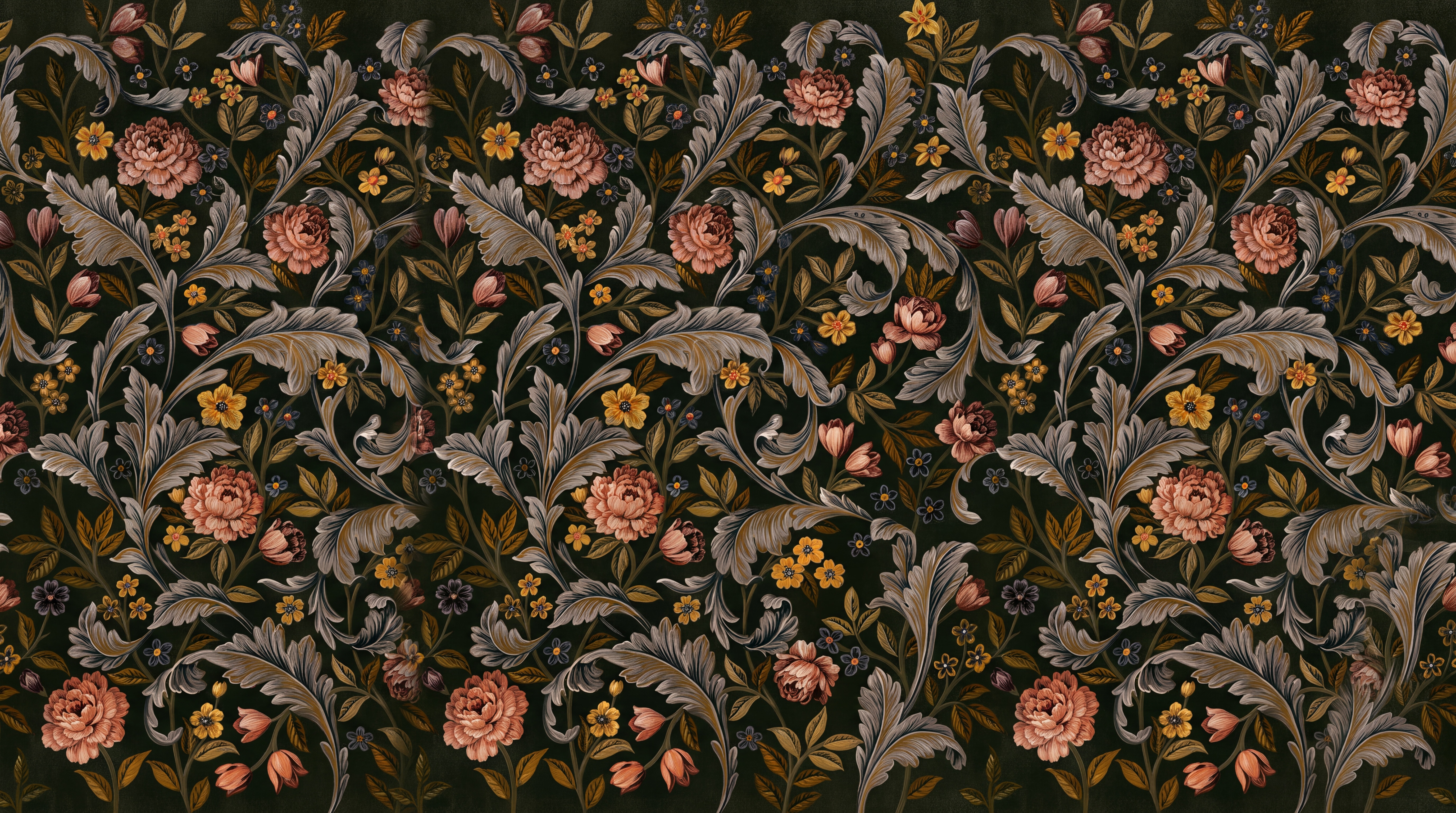 Black Floral Botanical Vintage Wallpaper Mural Bathroom-wallpaper-murals, Peel-and-stick Finish