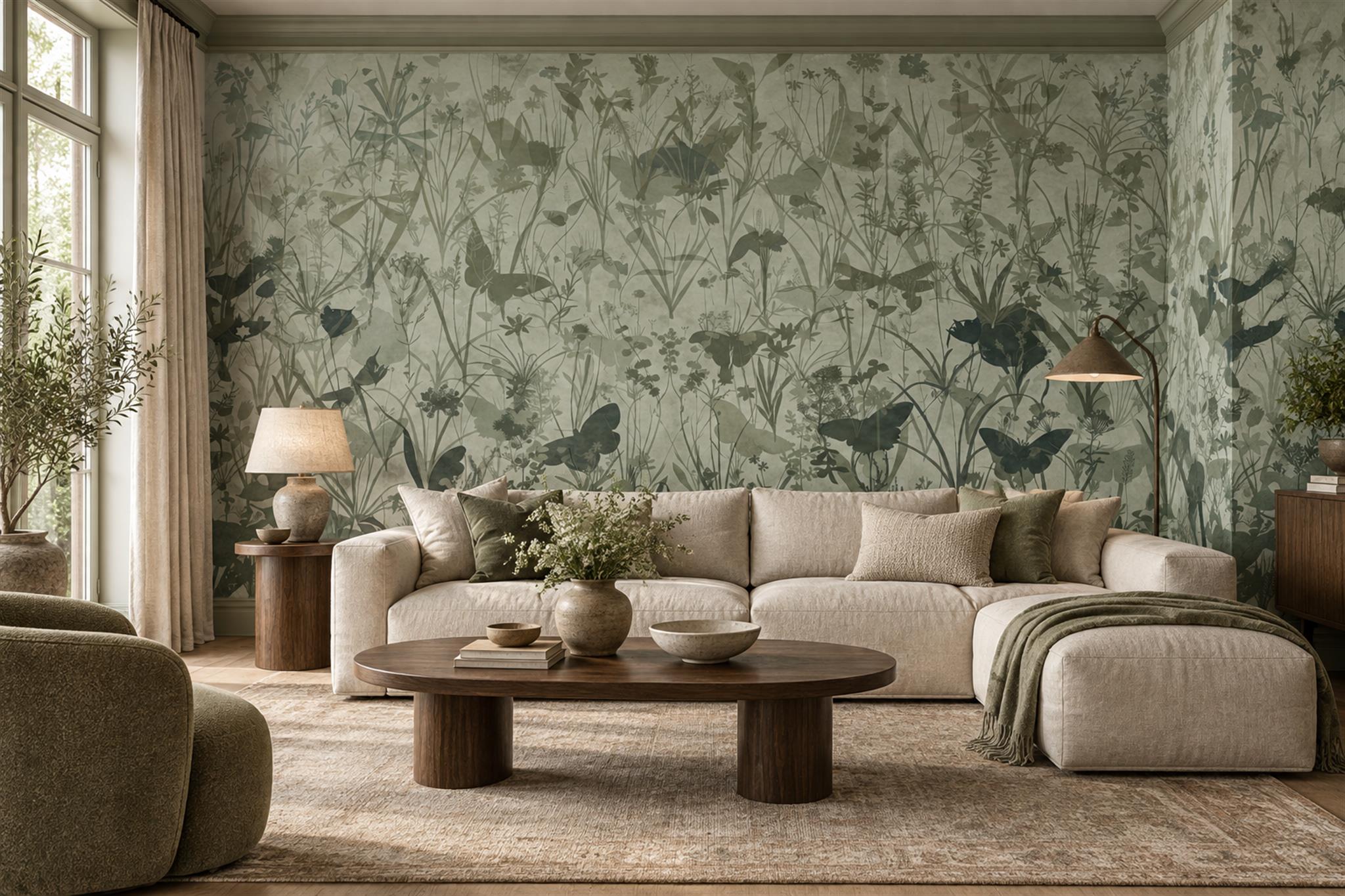 Sage Botanical Botanical Decorative Wallpaper Mural Accent-wall-wallpaper-murals, Peel-and-stick Finish