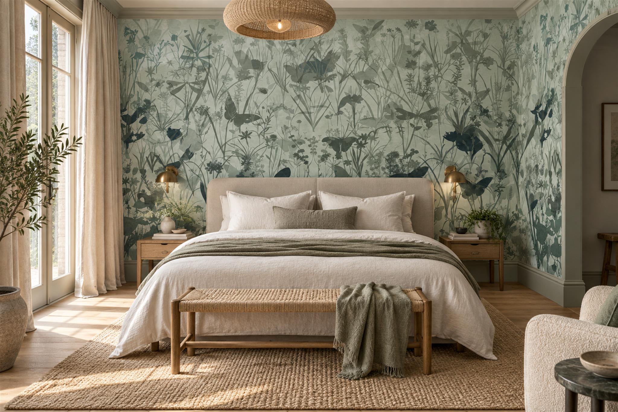 Sage Botanical Botanical Decorative Wallpaper Mural Bedroom-wallpaper-murals, Peel-and-stick Finish