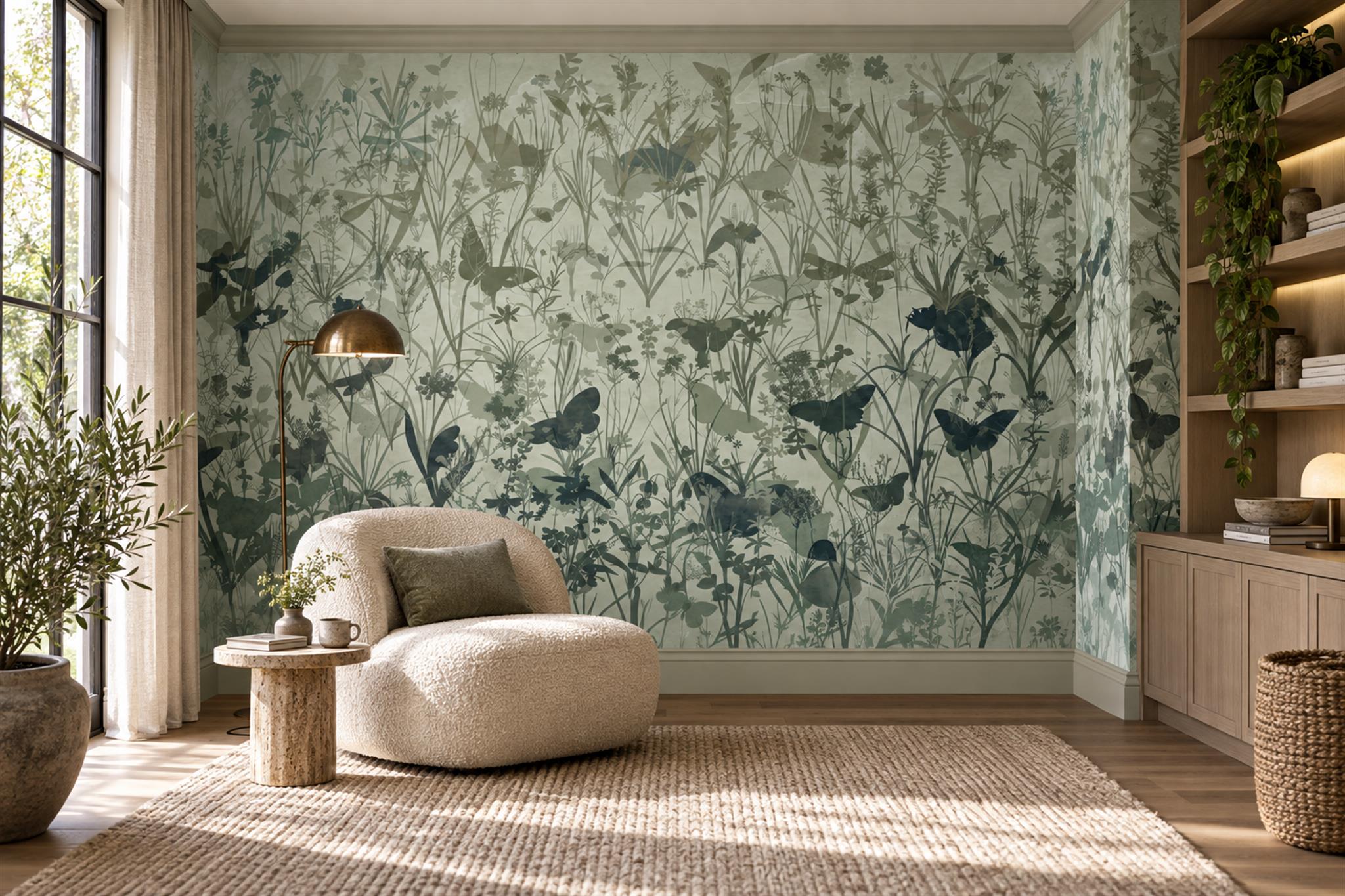 Sage Meadow Grasses And Wildflowers Wallpaper Mural — Wallpaper Mural Design, Peel-and-stick Finish