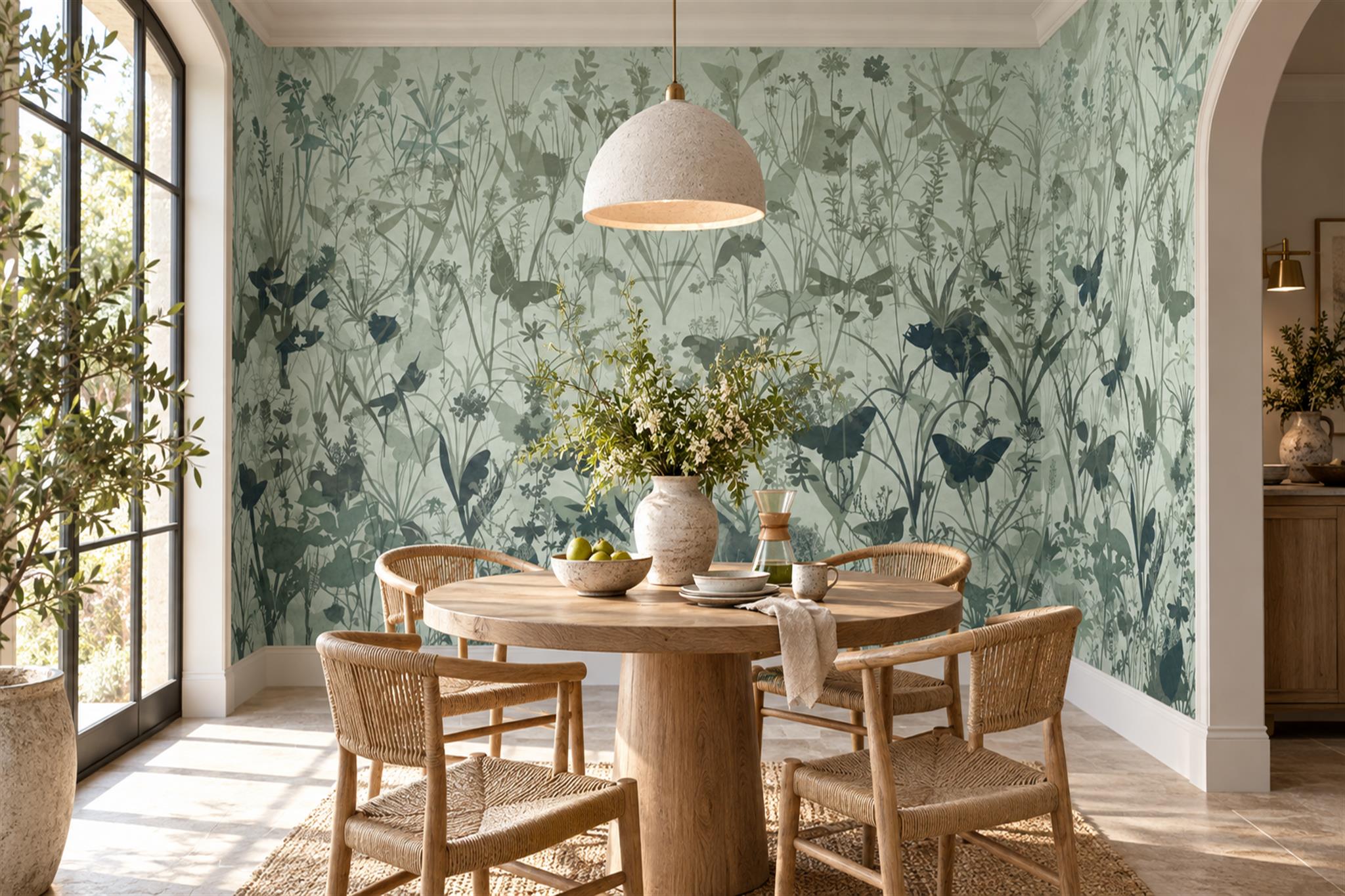 Sage Botanical Botanical Decorative Wallpaper Mural Dining-room-wallpaper-murals, Shown In A Dining Room, Peel-and-stick Finish