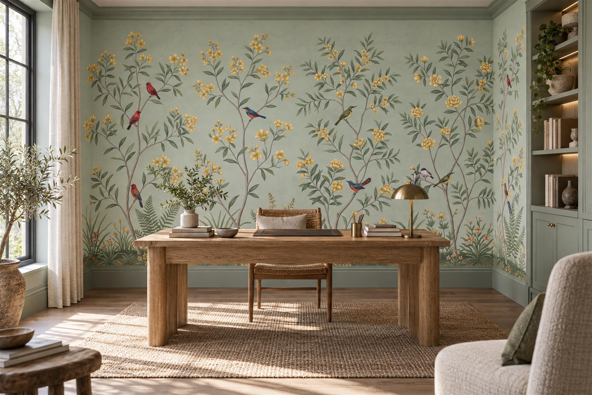 Sage Botanical Botanical Layered Wallpaper Mural Home-office-wallpaper-murals, Shown In A Home Office, Peel-and-stick Finish