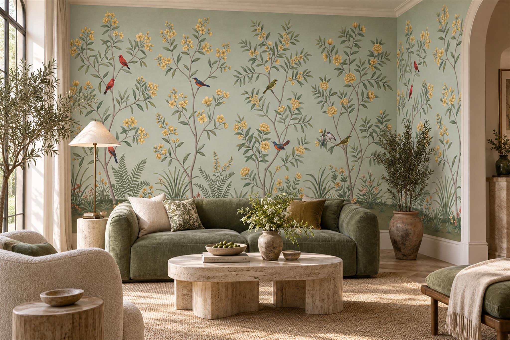 Sage Botanical Botanical Layered Wallpaper Mural Accent-wall-wallpaper-murals, Peel-and-stick Finish