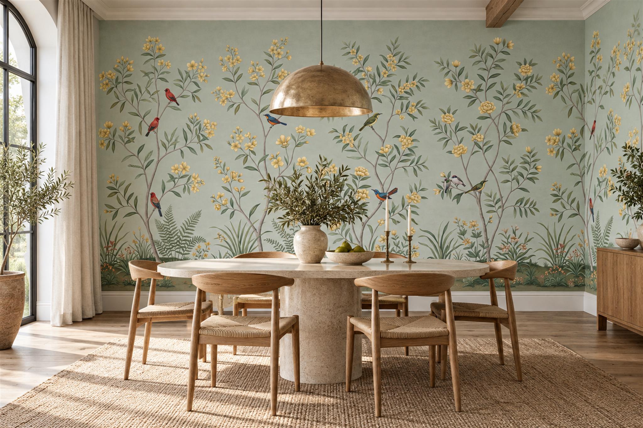 Colourful Songbirds Among Flowering Branches Wallpaper Mural — Wallpaper Mural Design, Peel-and-stick Finish