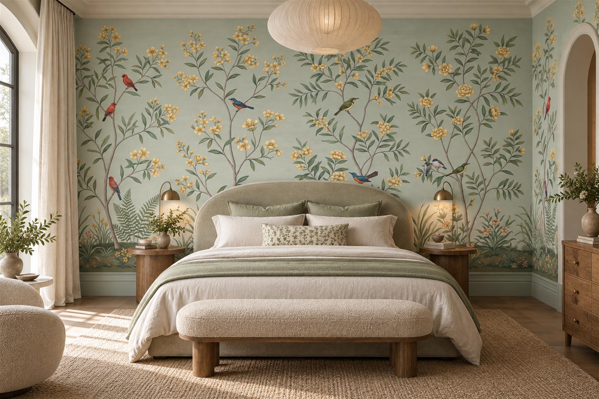 Sage Botanical Botanical Layered Wallpaper Mural Dining-room-wallpaper-murals, Peel-and-stick Finish